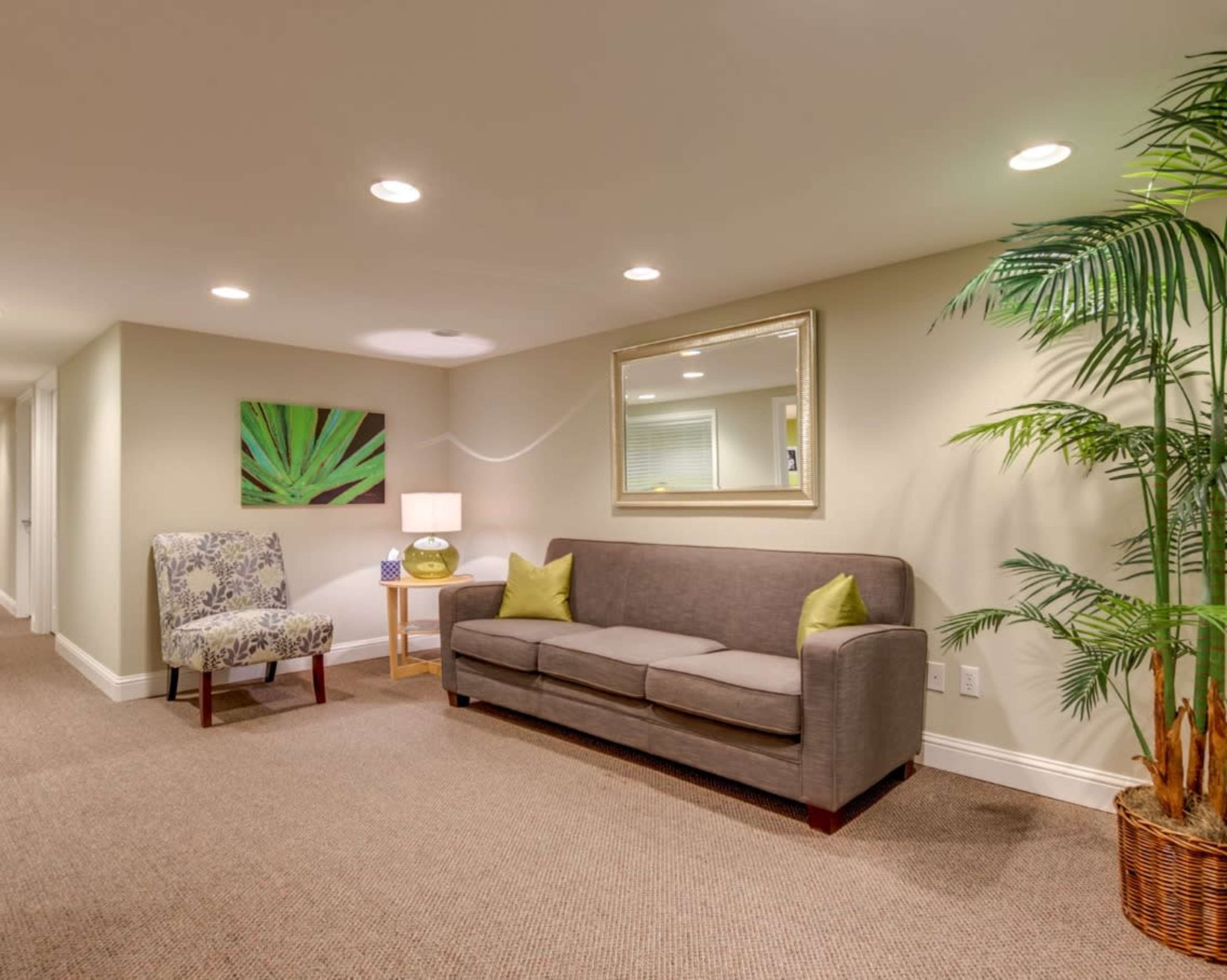 A well-lit basement area featuring a gray sofa, a patterned armchair, a small side table with a lamp, a large mirror, and a potted plant.