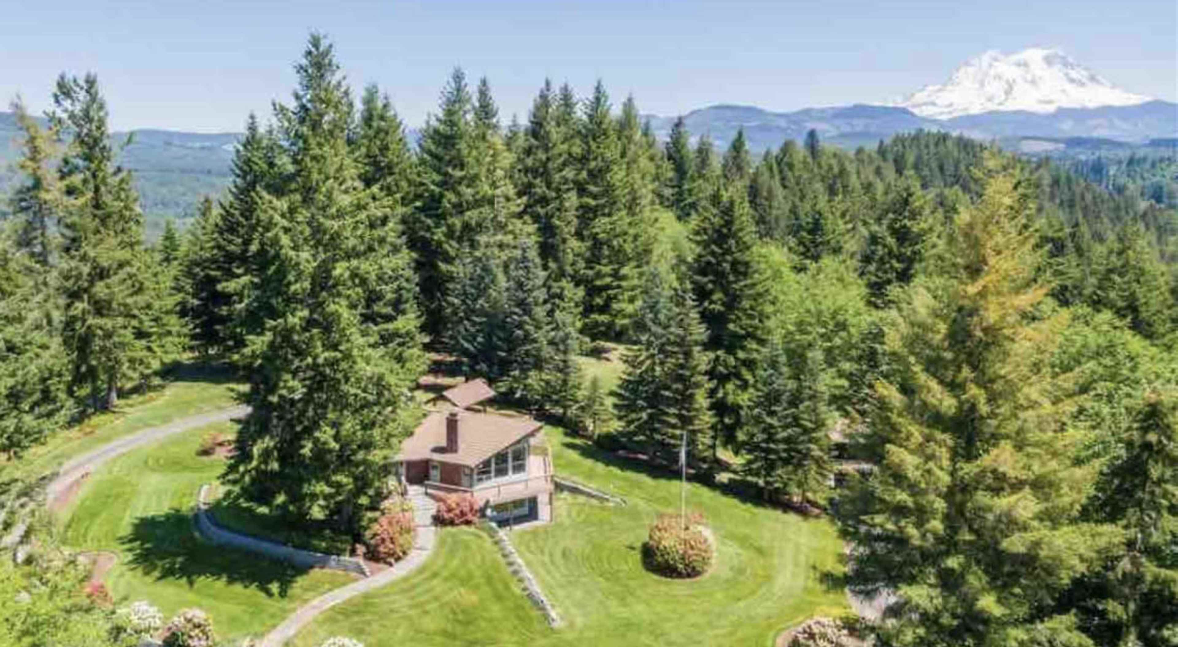 A house surrounded by trees sits on a landscaped property with a mountain in the background.
