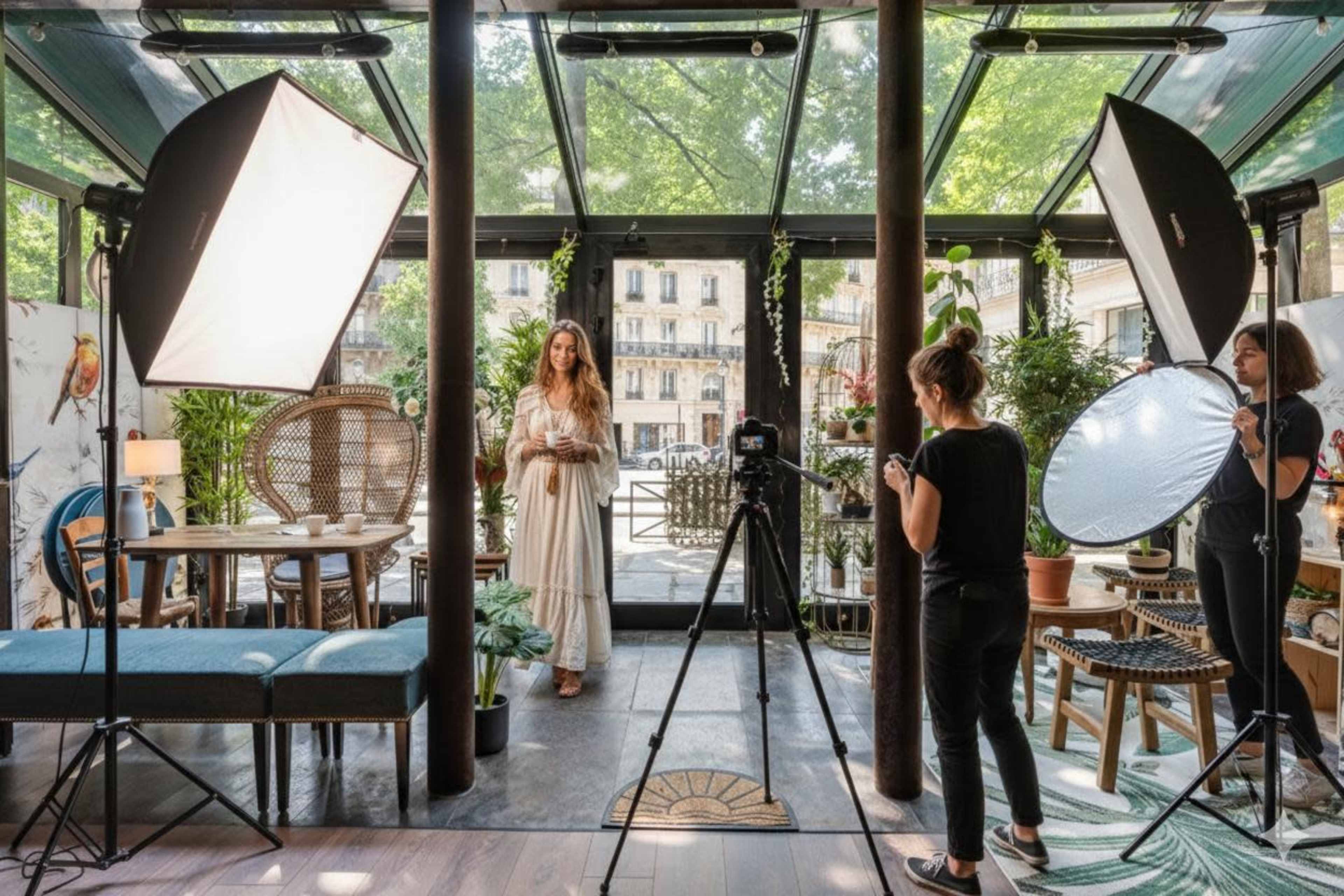 A woman stands in a bright café surrounded by plants while a photographer and an assistant set up lighting equipment and a camera.
