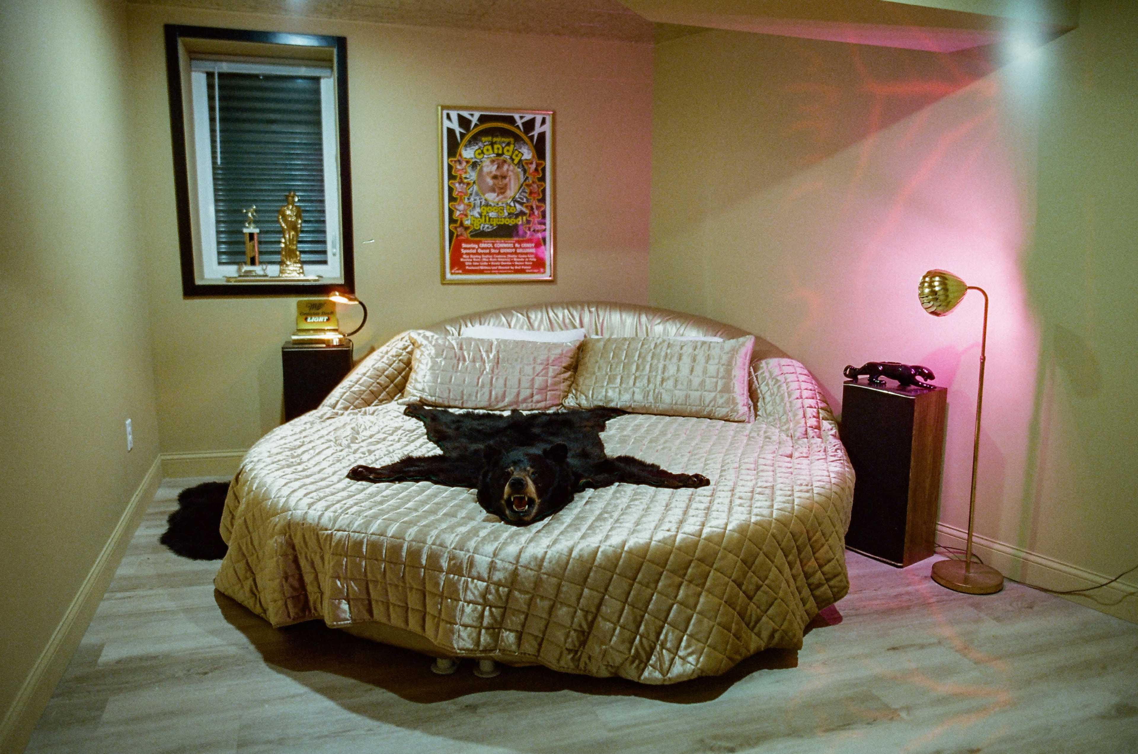 A round bed covered with a golden quilt is positioned in a basement room, featuring a mounted bear rug laid over it and soft lighting from a lamp and wall fixtures.