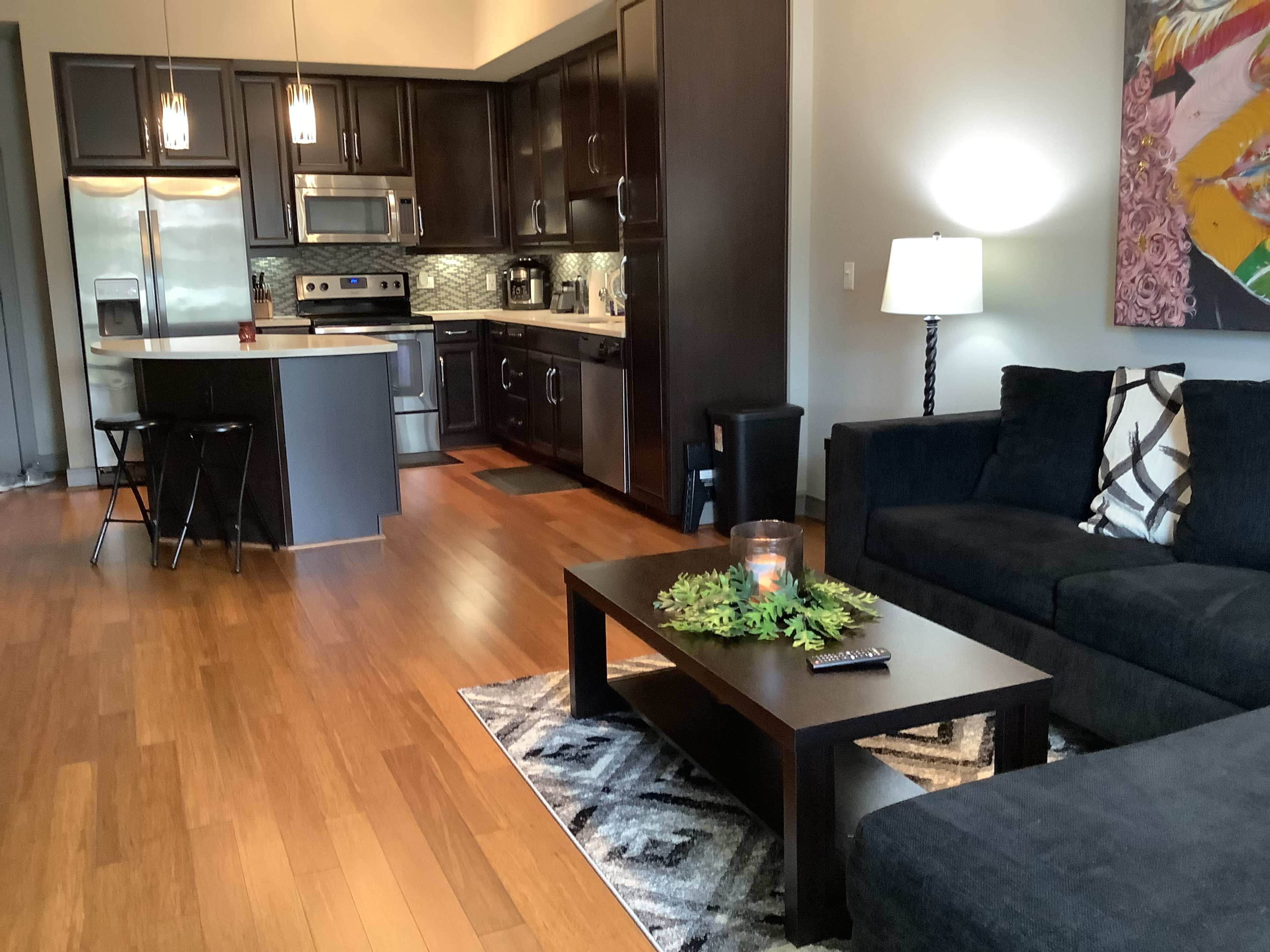 A modern open-concept living space featuring a kitchen with dark cabinetry and stainless-steel appliances, alongside a cozy seating area with a black sofa and a coffee table.