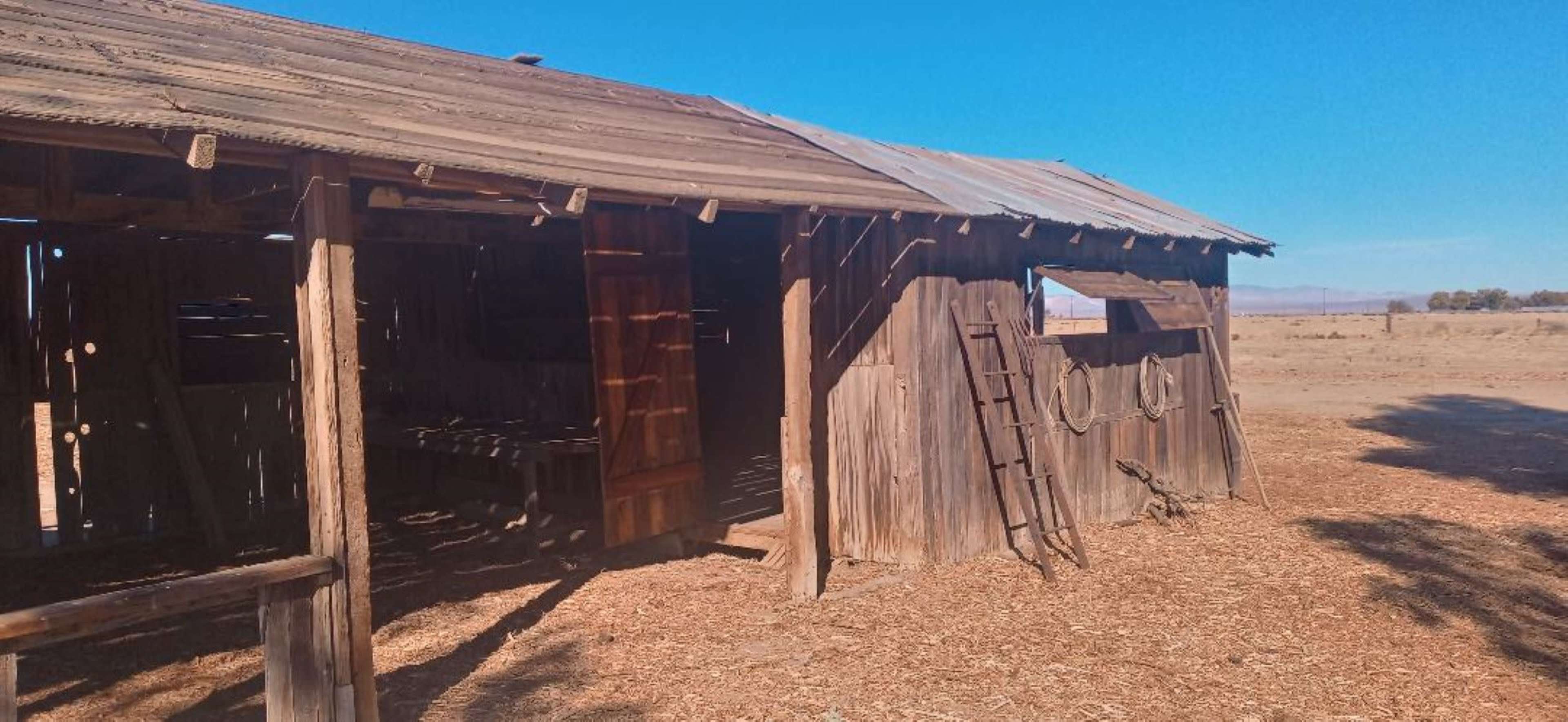 The image shows a weathered wooden barn with a sloped roof, partially open doors, and a ladder leaning against the side, set in a dry, open landscape.