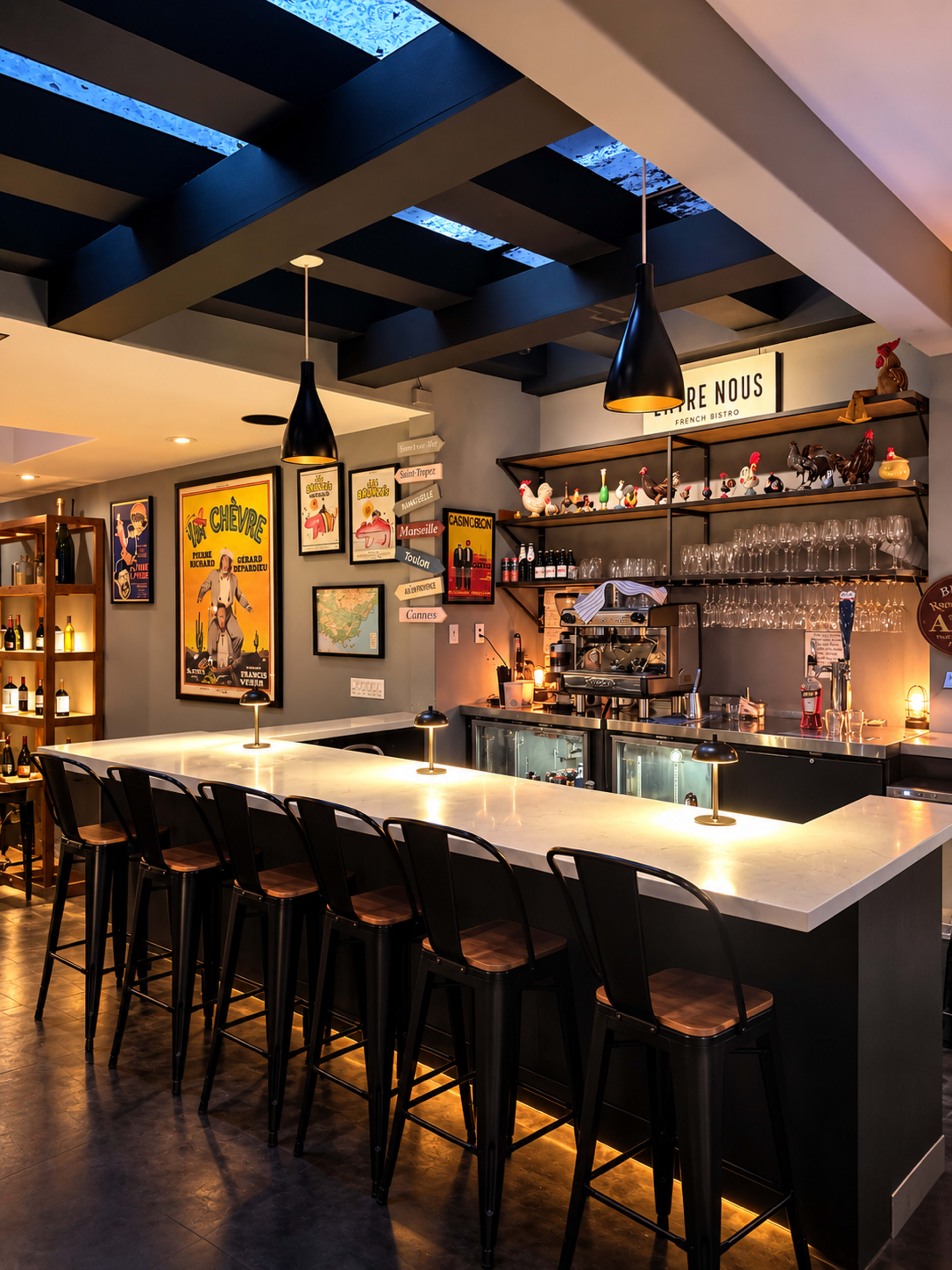 The image shows a modern bar area with a sleek white countertop, black metal stools, and shelves displaying various bottles and decor.