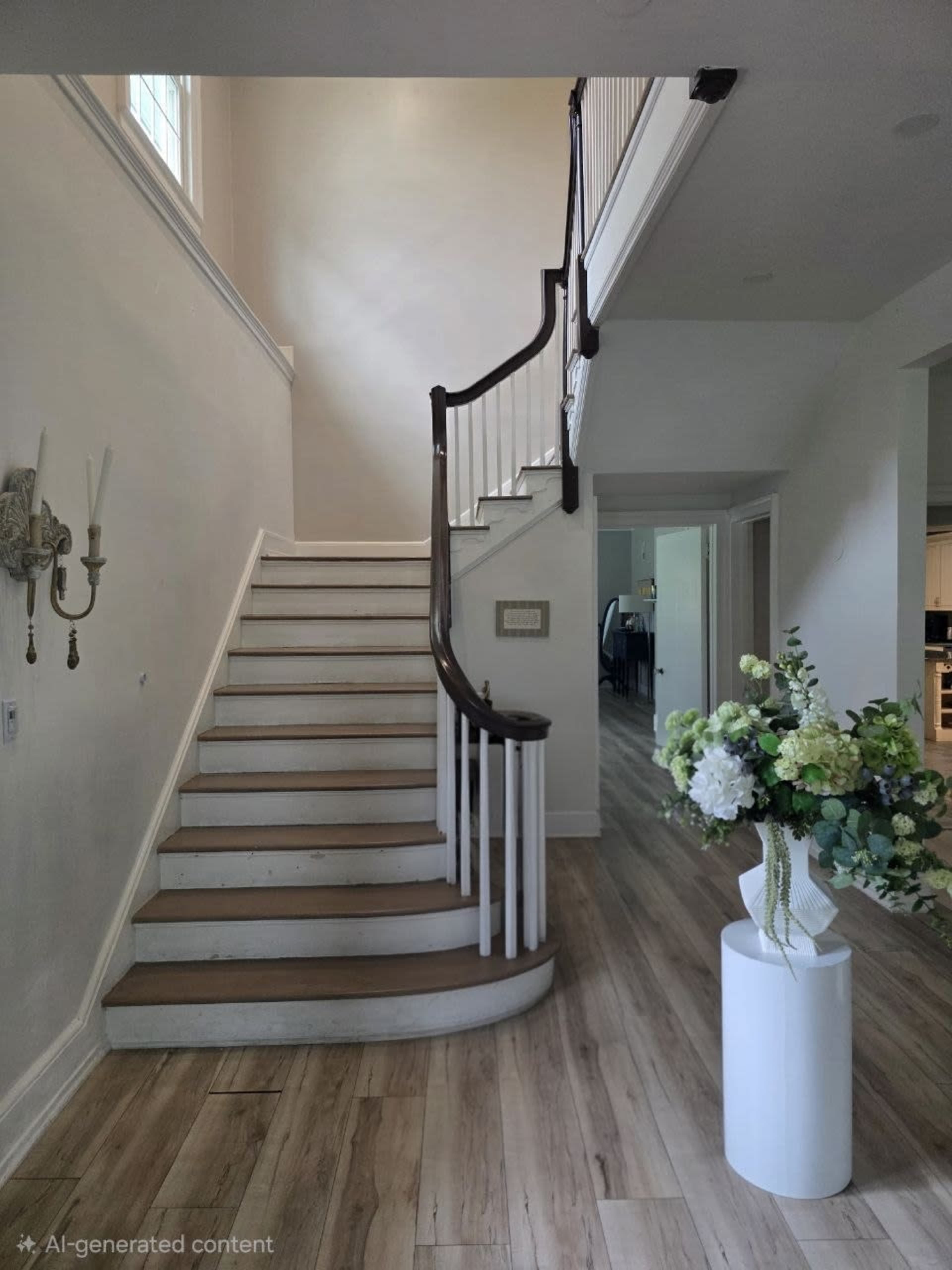 The image shows a spacious entryway with a curved staircase and a floral arrangement in a white vase.