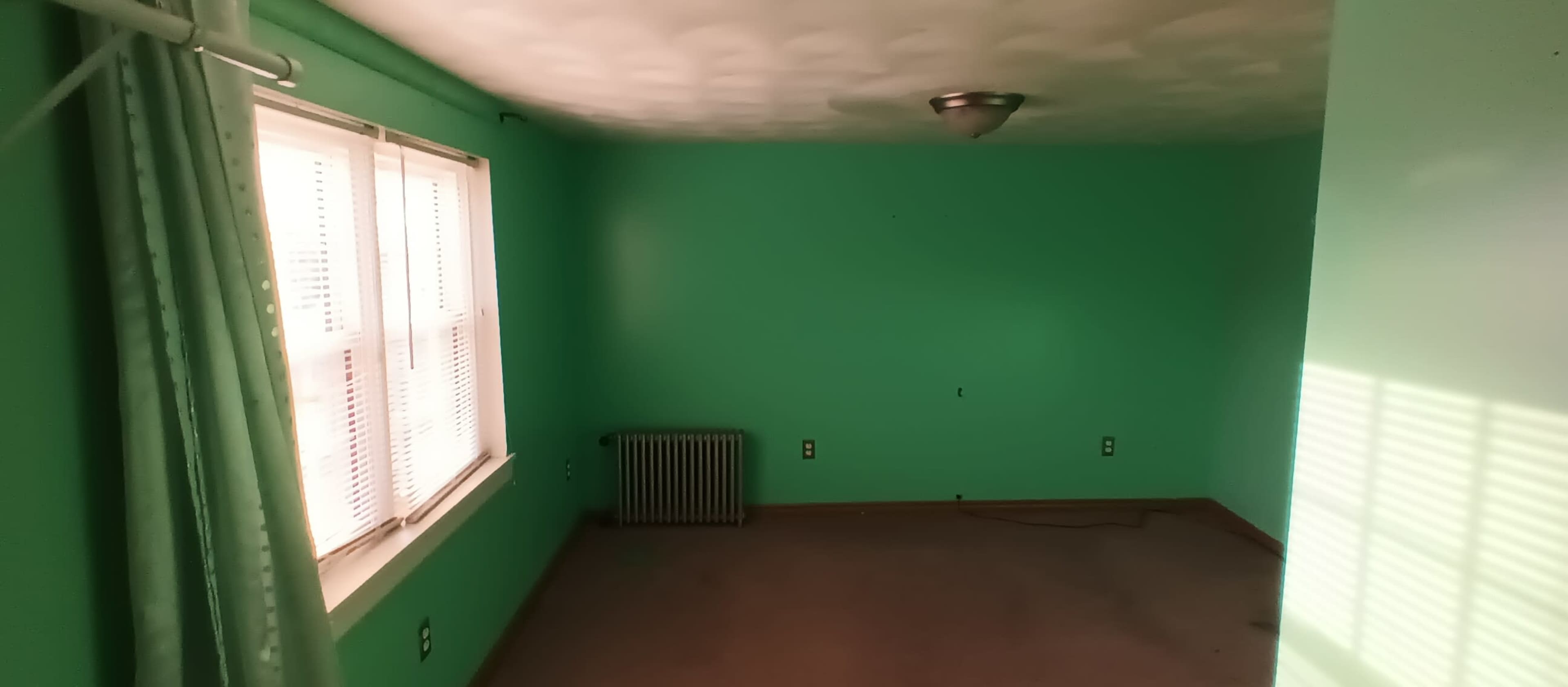 A room with mint green walls, two windows, and a radiator.