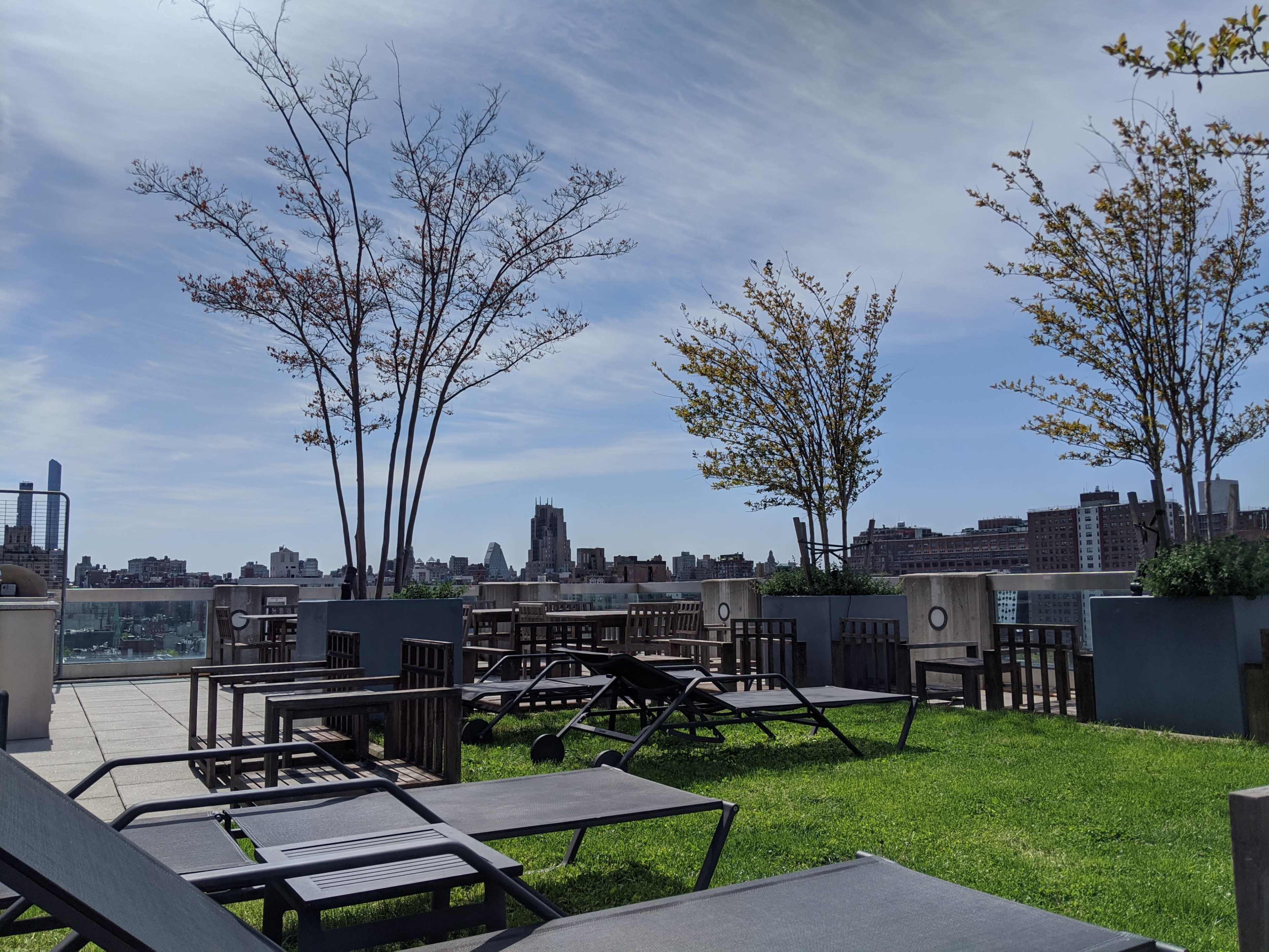 A rooftop area with lounge chairs arranged on grass, framed by small trees and a skyline in the background.