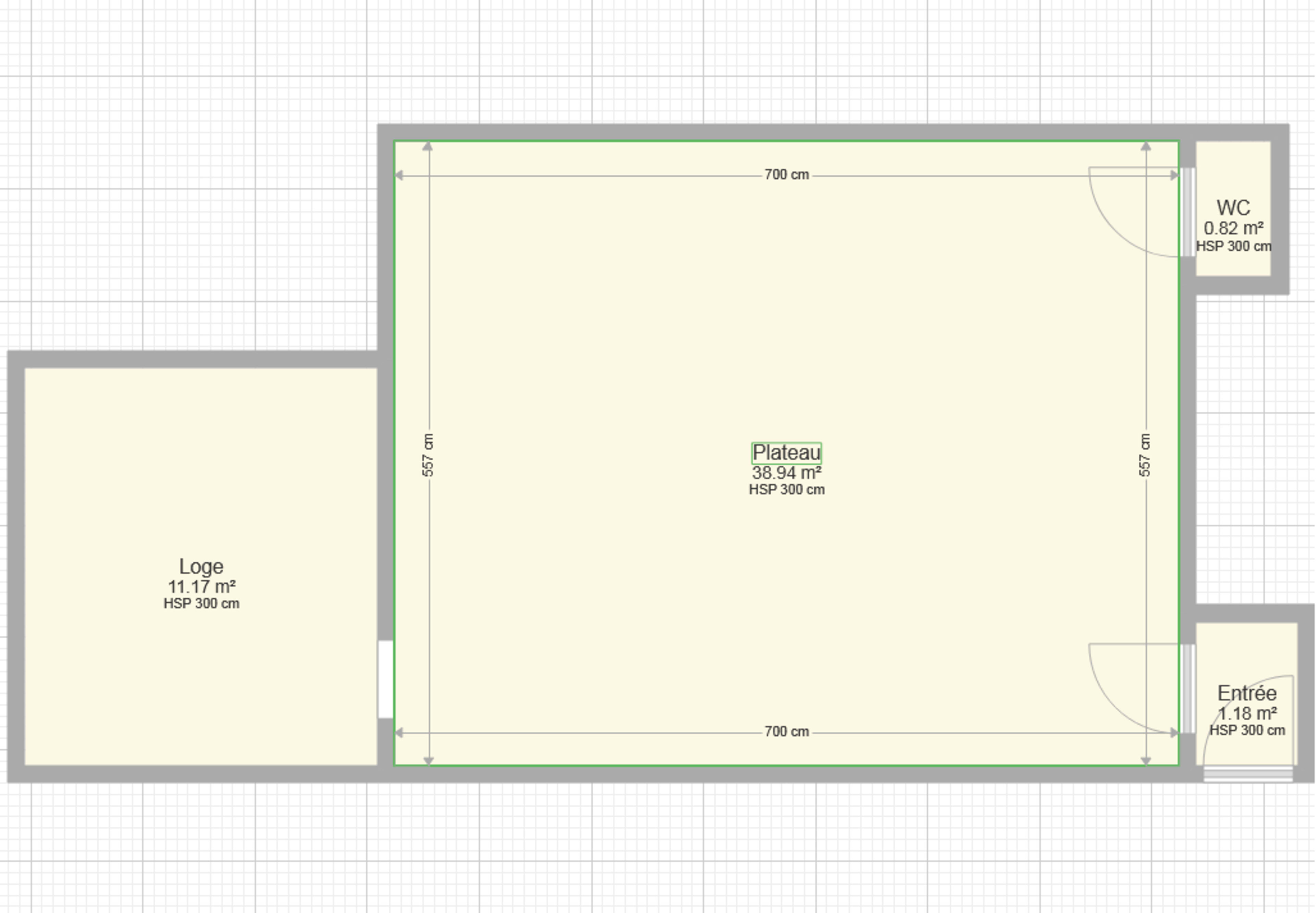 The image shows a floor plan of a rectangular space with labeled areas, including a plateau, a loge, an entrance, and a small restroom (WC), with dimensions noted in centimeters.
