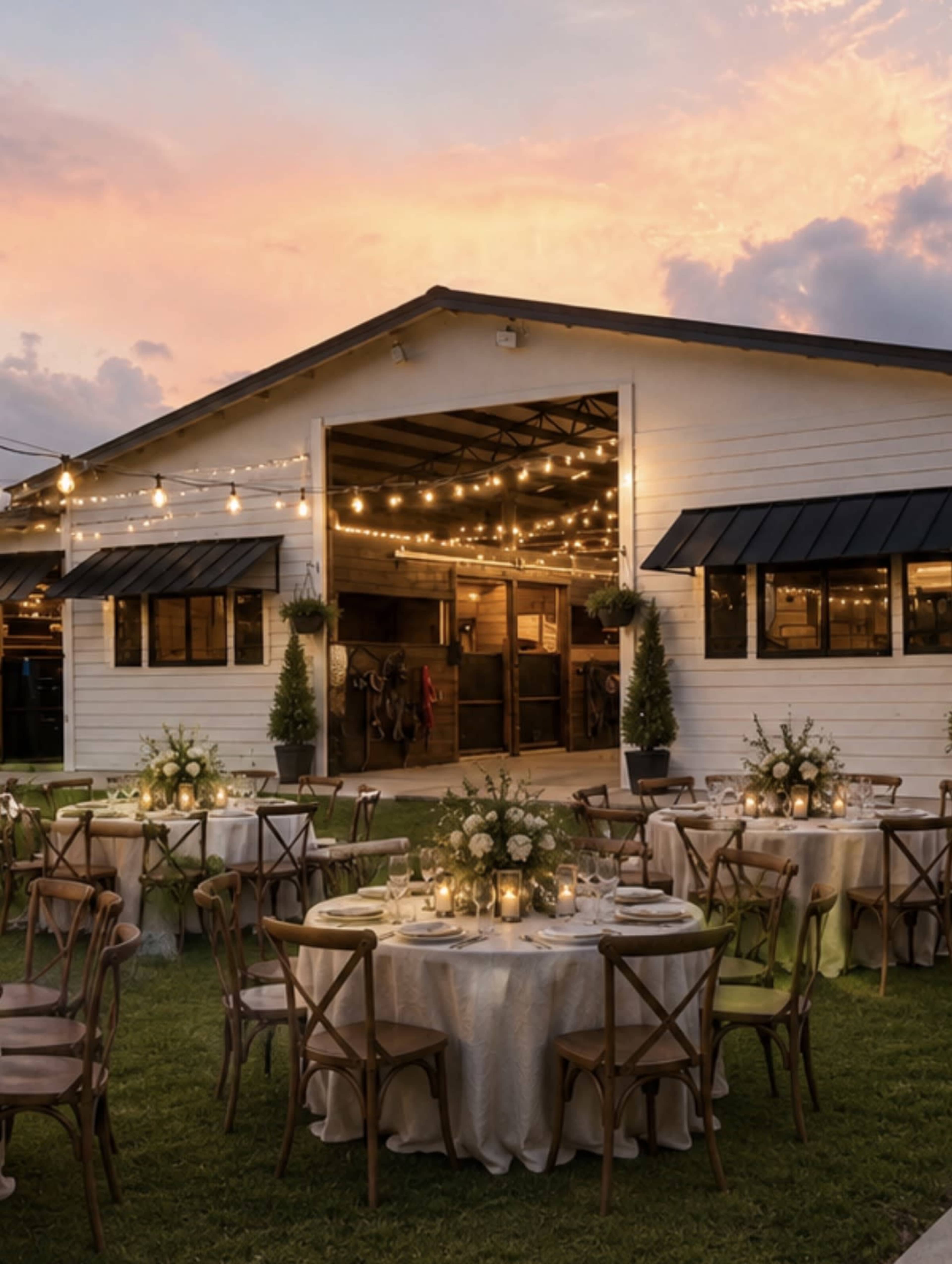 A rustic outdoor venue features round tables elegantly set with flowers and candles in front of a barn illuminated by string lights at sunset.