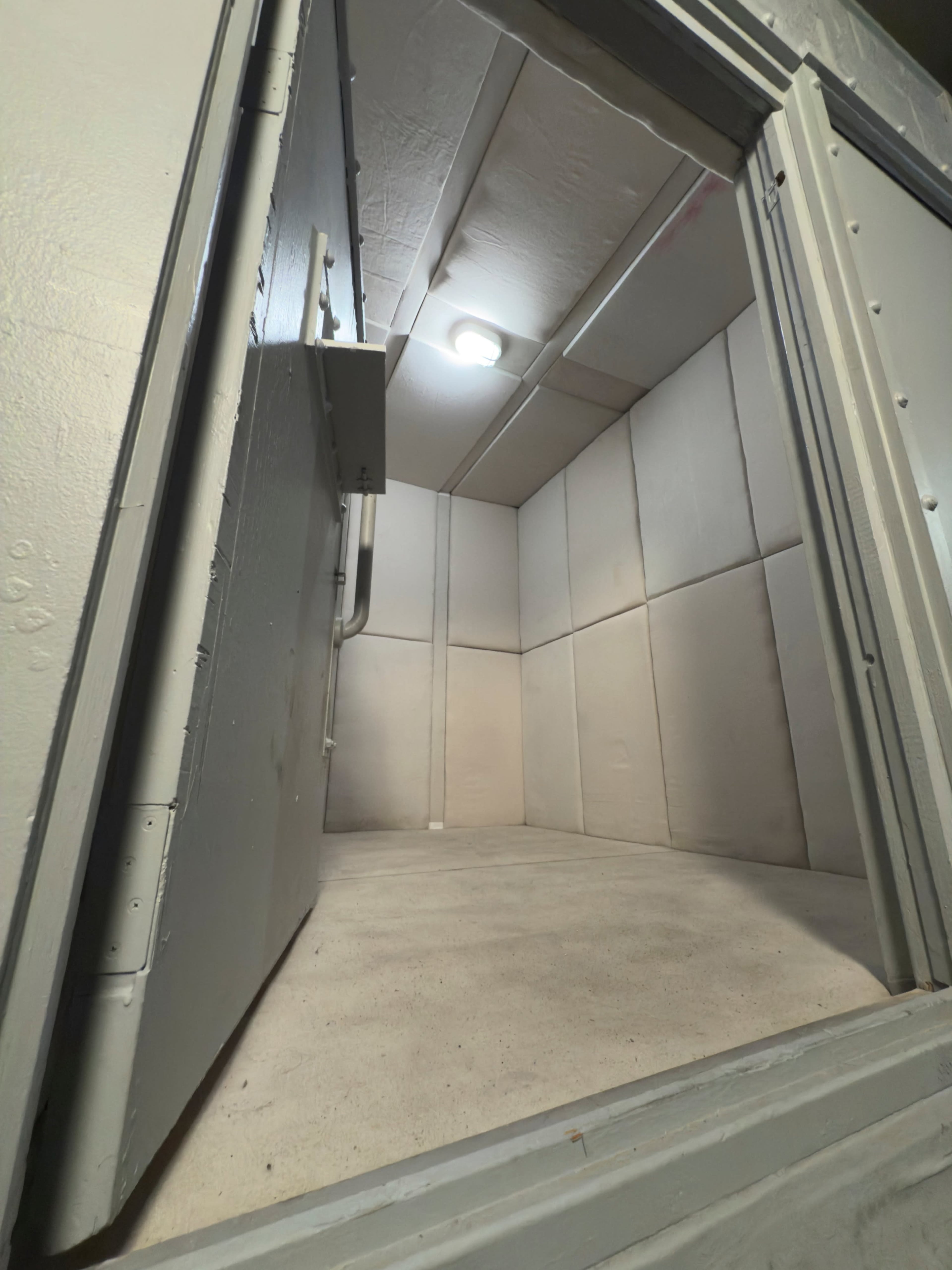 The image shows an empty, well-lit chamber with padded walls and an open door.