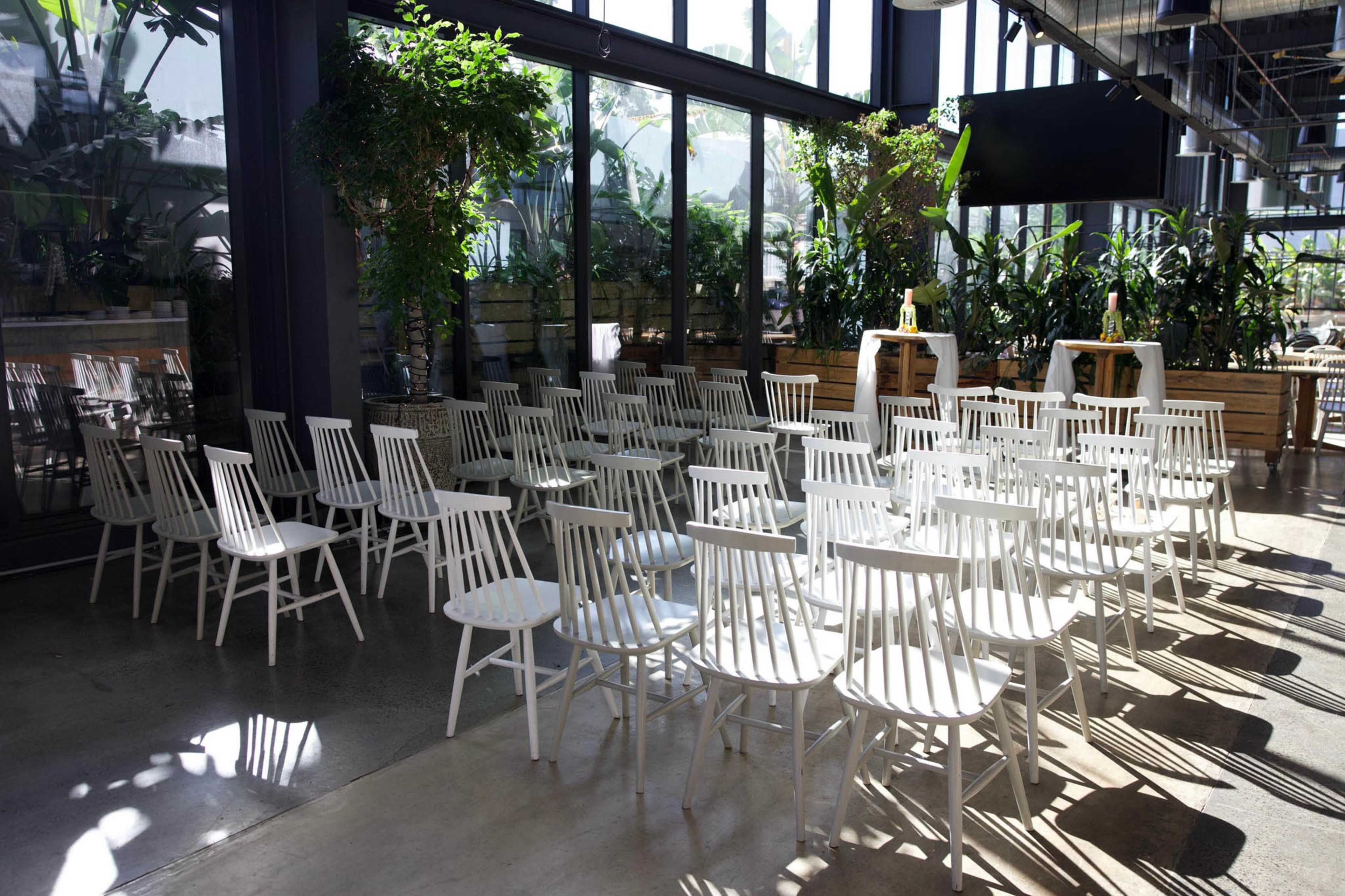 A row of white chairs is arranged in a bright, open space surrounded by large windows and greenery.