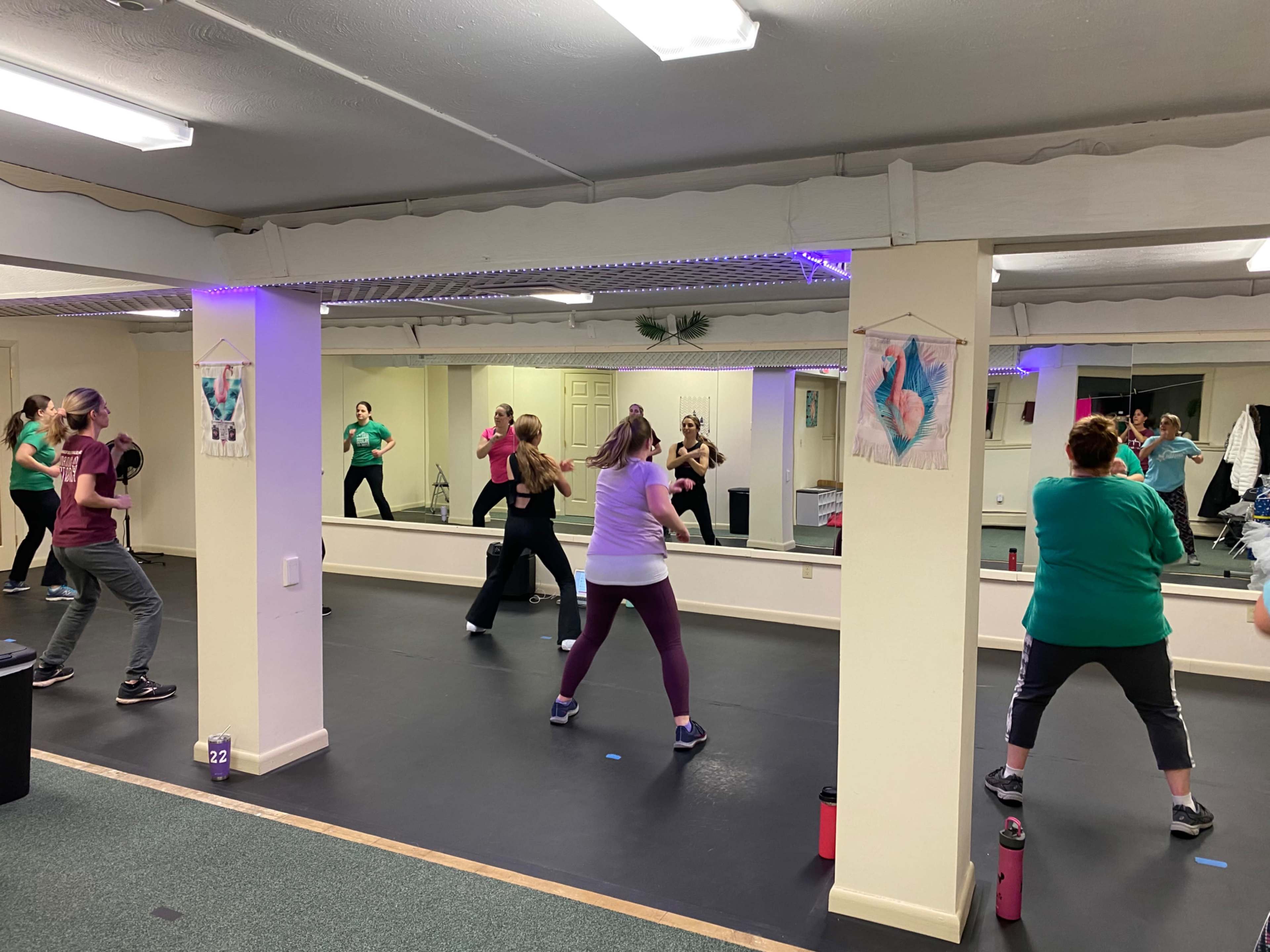 A group of people is engaged in a workout class in a mirrored studio with exercise equipment on the floor.