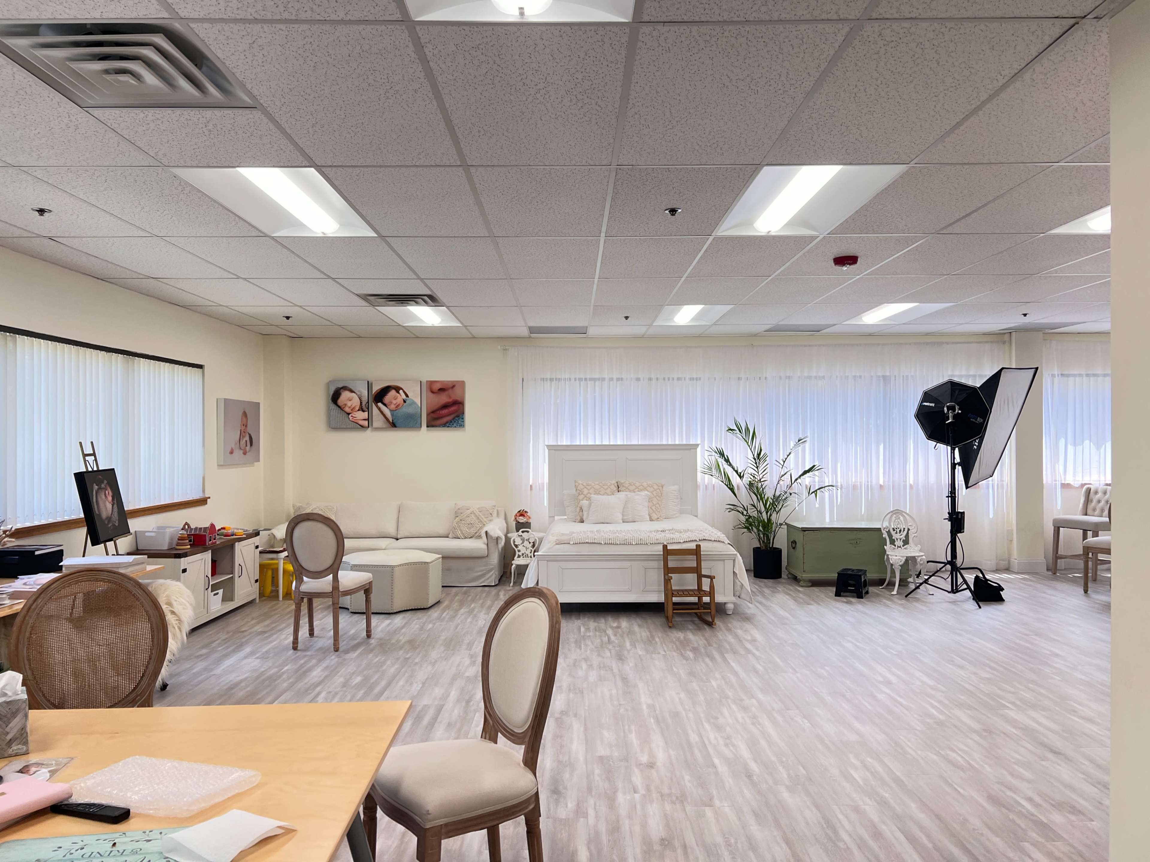 The image shows a spacious studio with a bed, seating area, plants, and photography equipment against a light-colored backdrop.