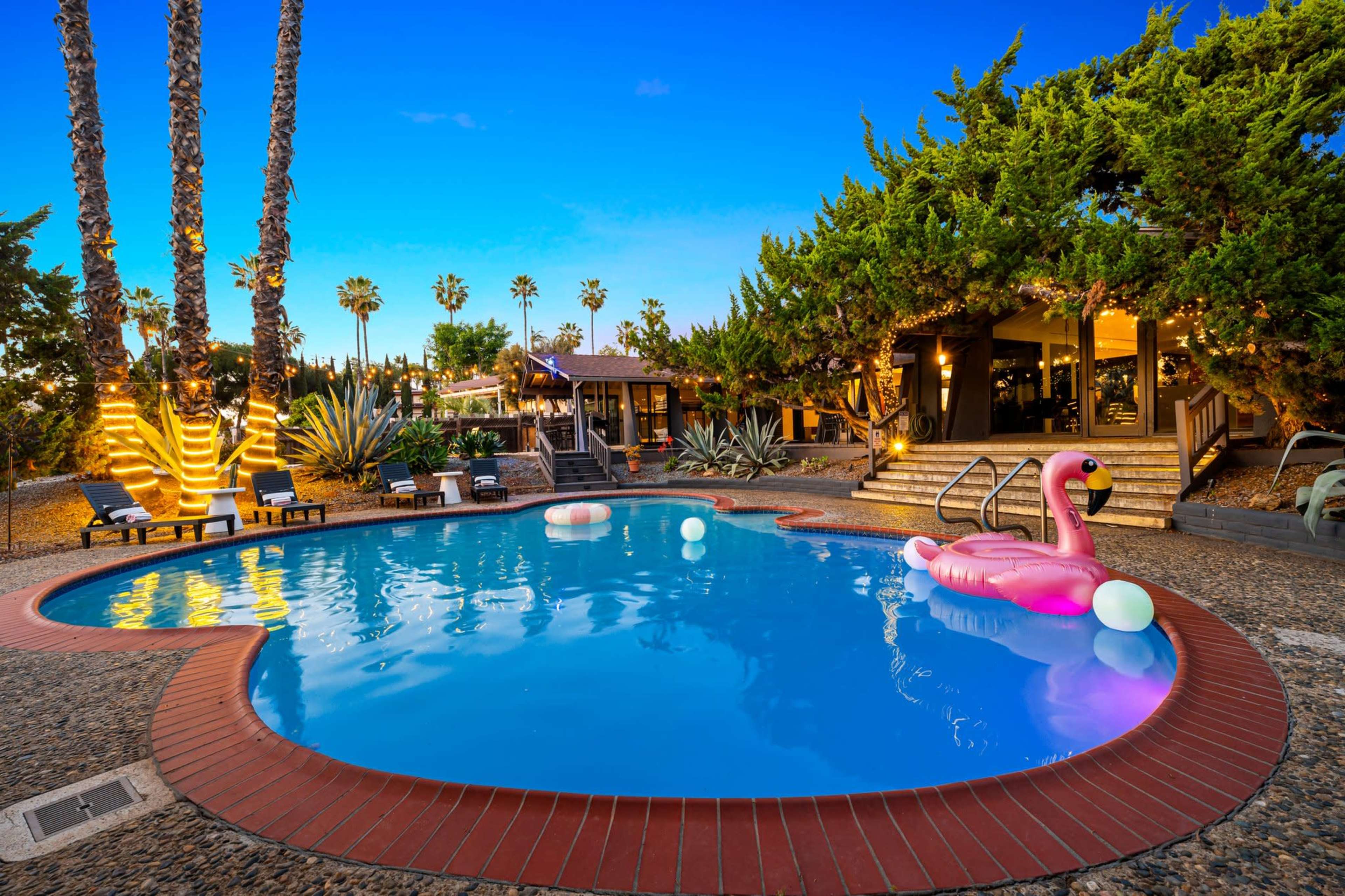 A swimming pool with a pink flamingo float is surrounded by palm trees and a landscaped backyard with a large house in the background.
