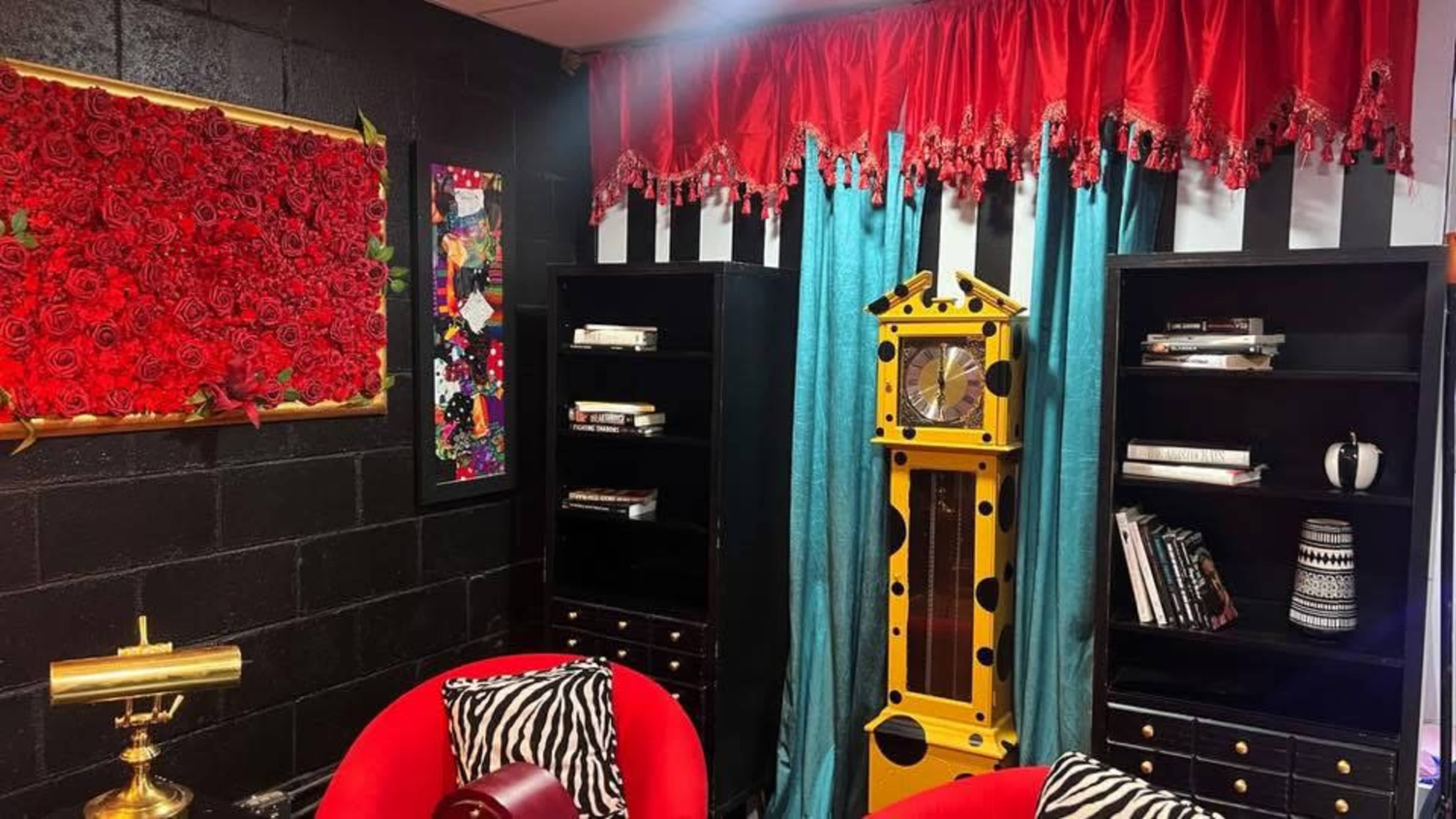 Luxury Vintage Executive Office Set w/ Statement Desk, Red Chairs, Gold Accents & Bold Decor Image in Highland Hills, Mesquite, TX