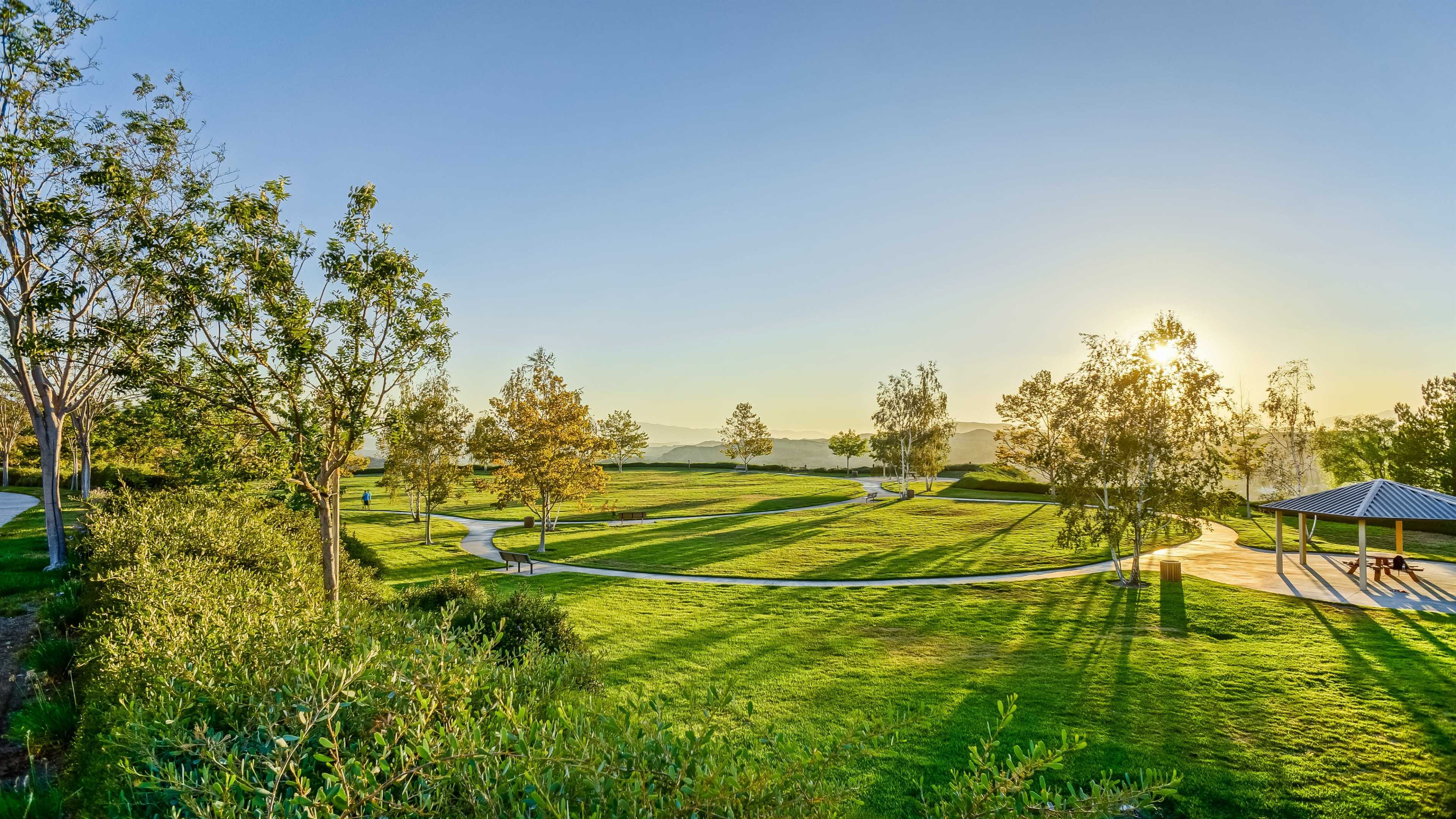 A sunlit park features winding pathways and scattered trees on green grass, with a pavilion in the background.