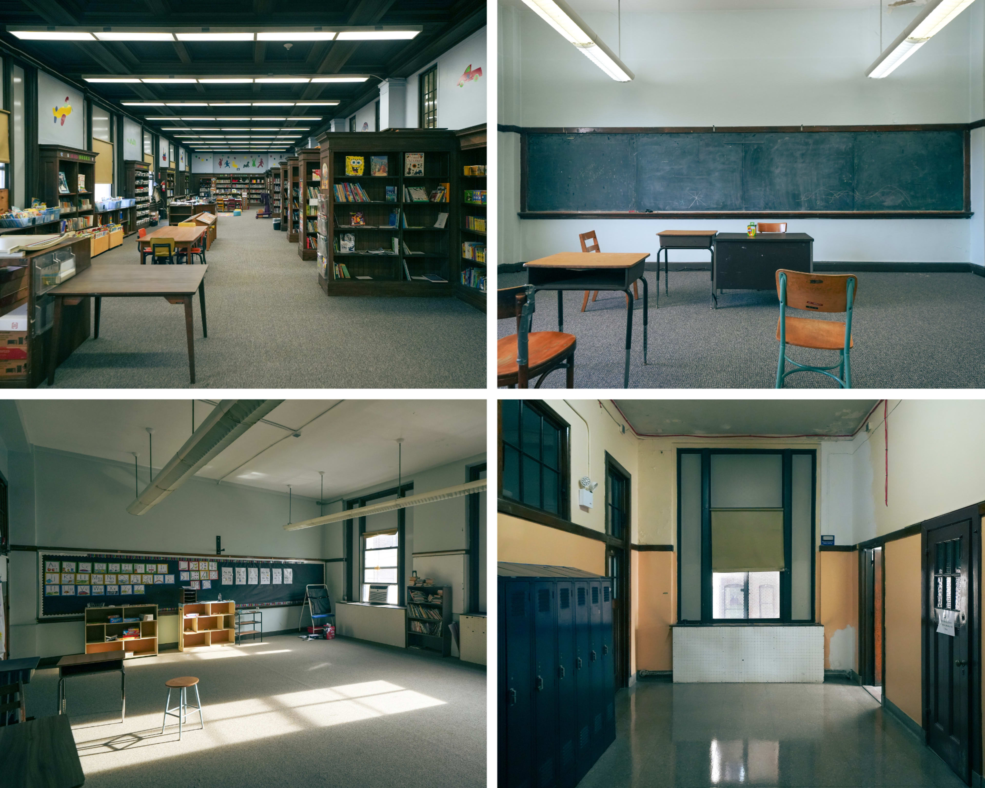 A series of four different classroom spaces featuring bookshelves, desks, chalkboards, and lockers.