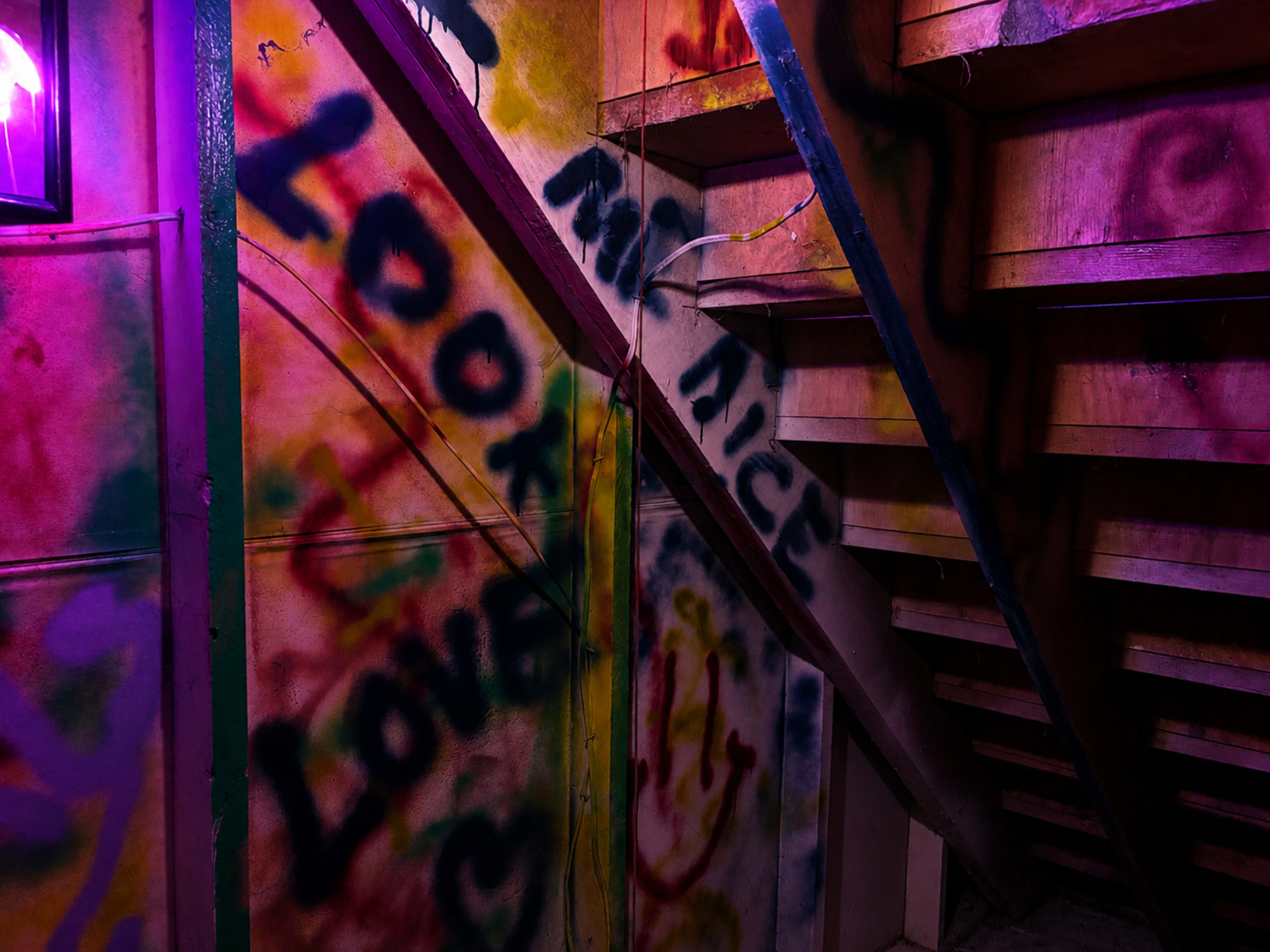 The image shows a staircase illuminated by purple light, with colorful graffiti covering the walls that includes phrases like "LOOK" and "LOVE."