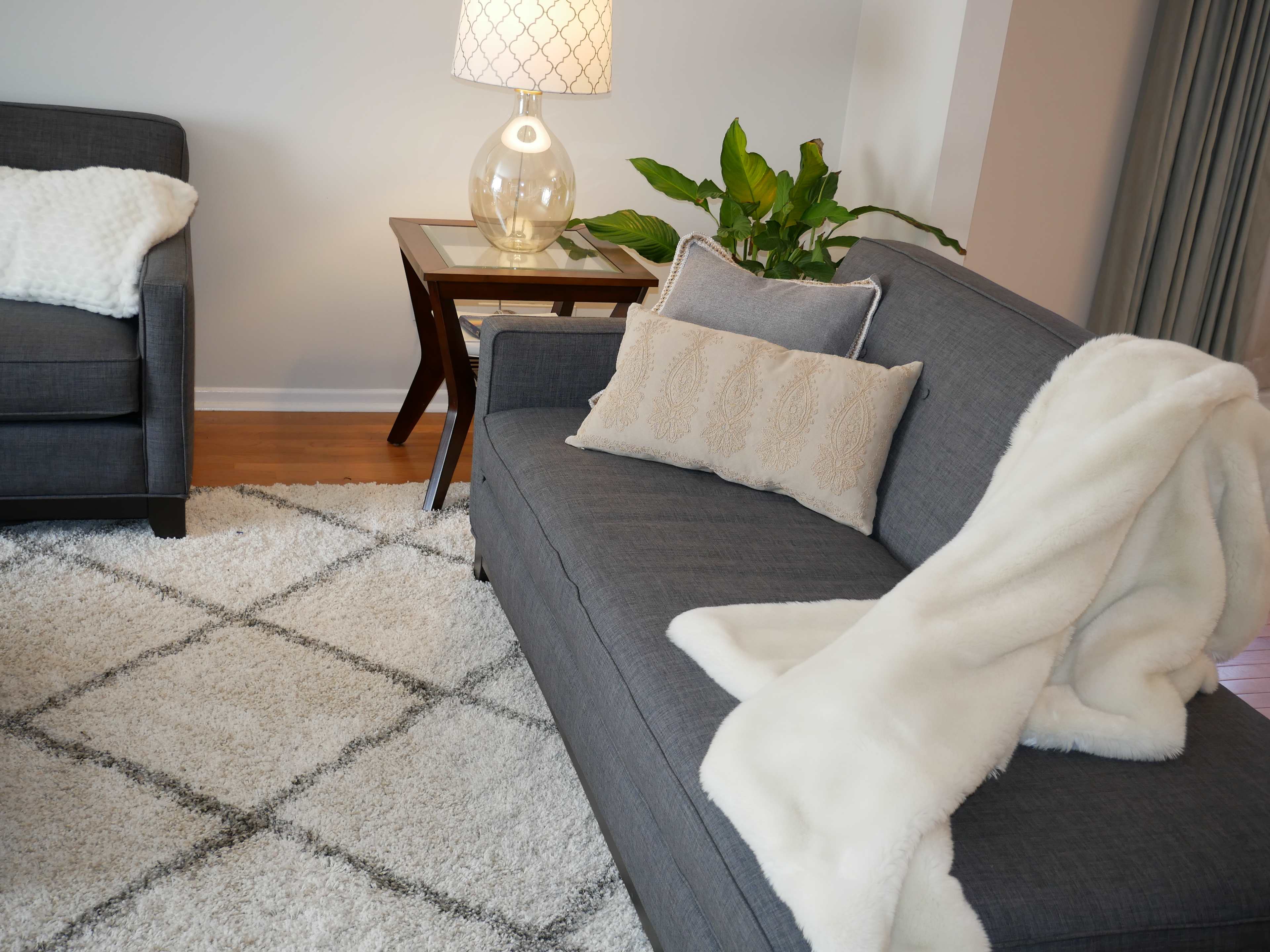A living room scene featuring a gray couch with decorative pillows and a white throw blanket, alongside a glass lamp and a plant on a side table, with a plush, patterned rug on the floor.