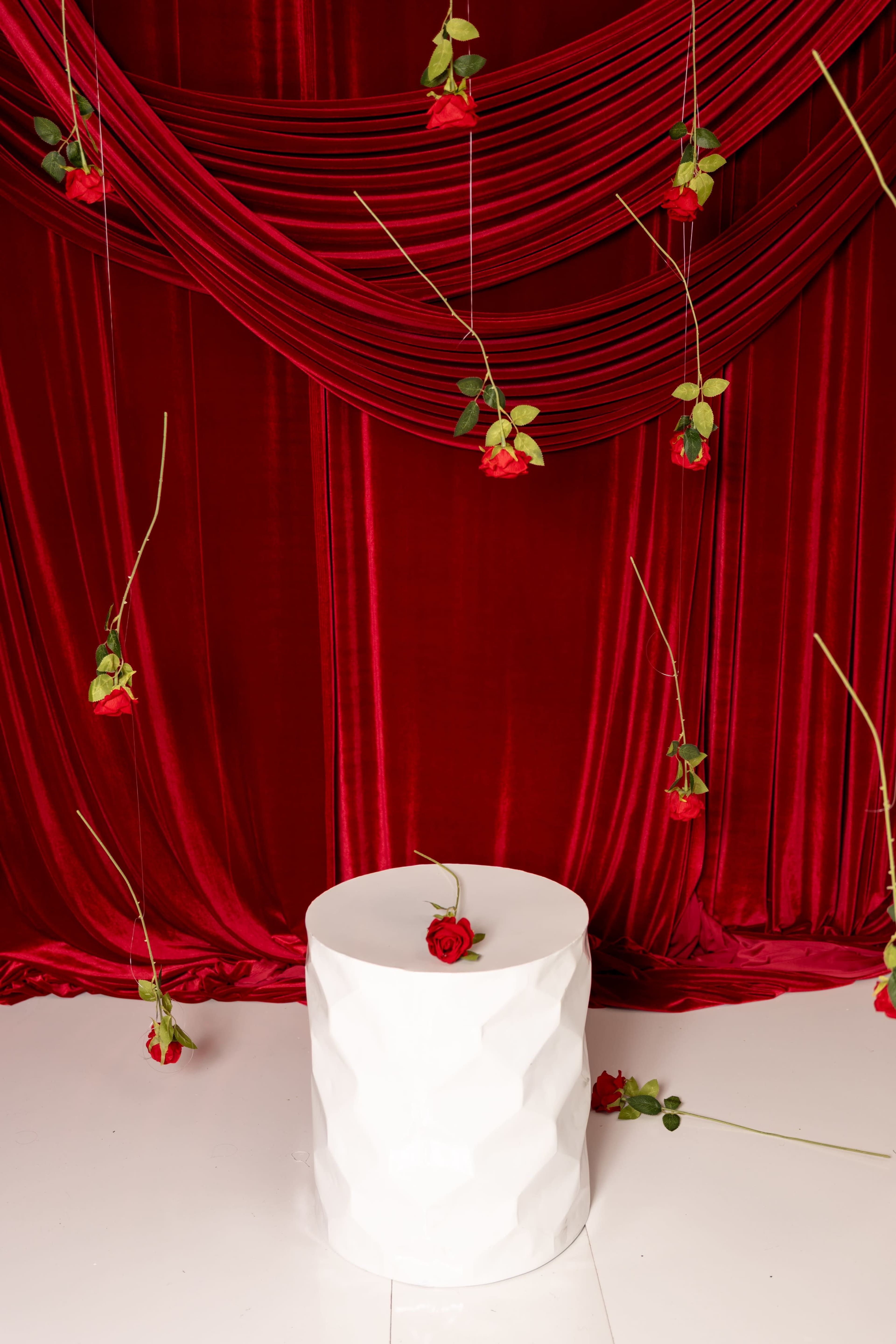 The image shows a white geometric pedestal set against a deep red velvet backdrop, adorned with hanging roses and scattered rose petals.
