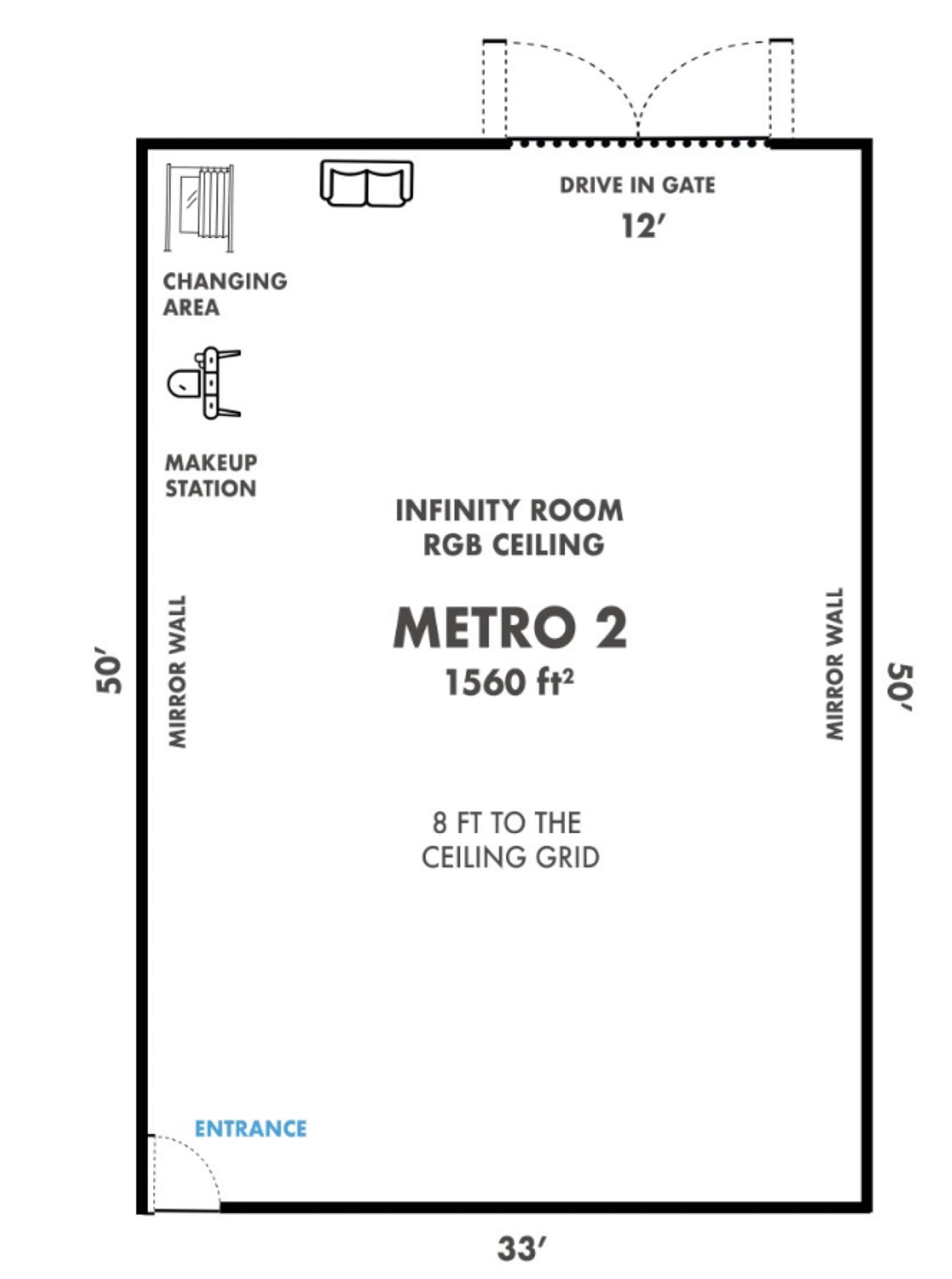The diagram shows the layout of a room labeled "METRO 2," featuring designated areas for changing, makeup, and an entrance, with dimensions and wall annotations.