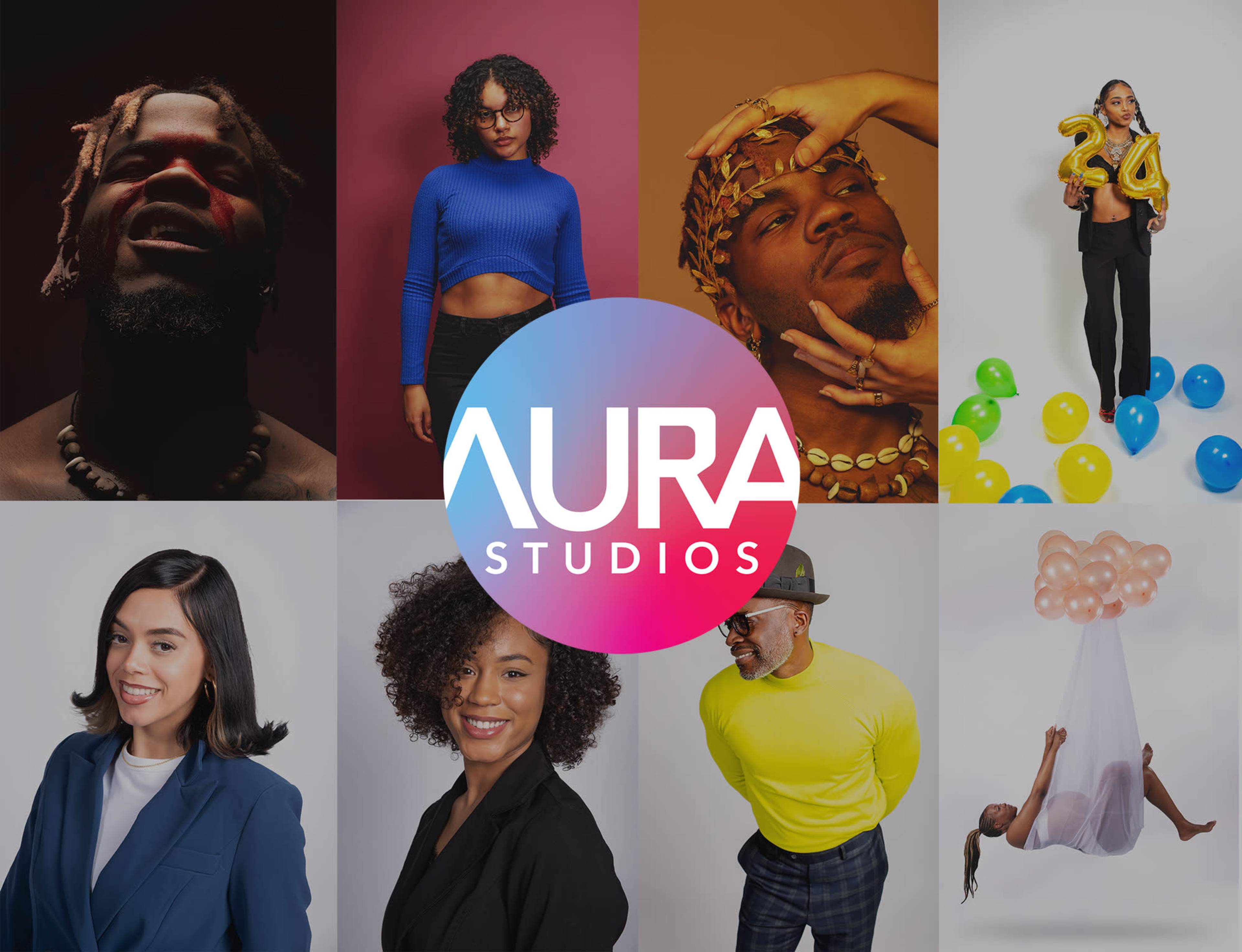 A collage of diverse individuals posing in various styles and settings, with the logo "AURA STUDIOS" prominently displayed in the center.
