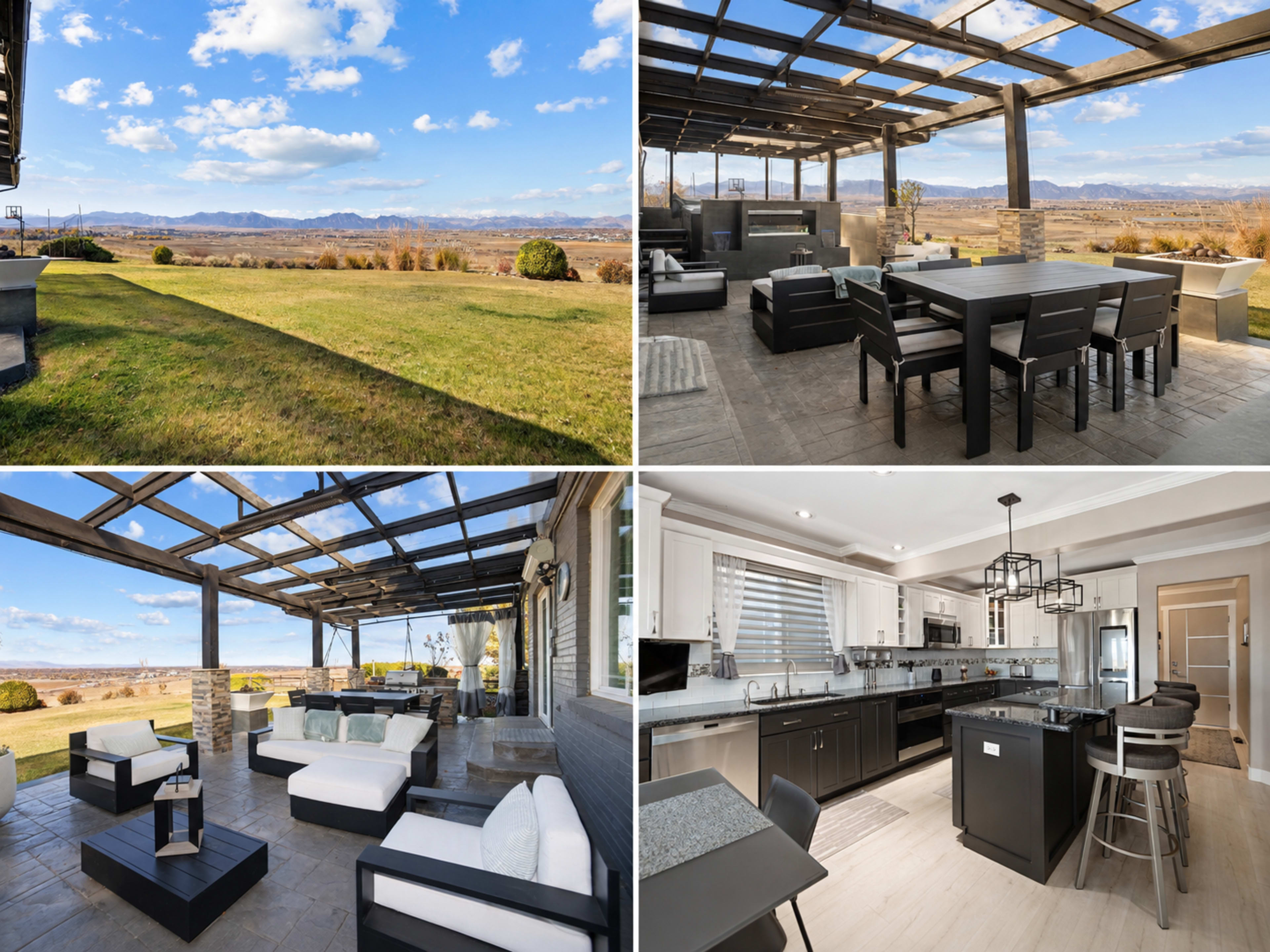 The image showcases a spacious outdoor area with seating and dining arrangements under a pergola, a panoramic view of distant mountains, and an indoor kitchen that features modern appliances and a sleek design.