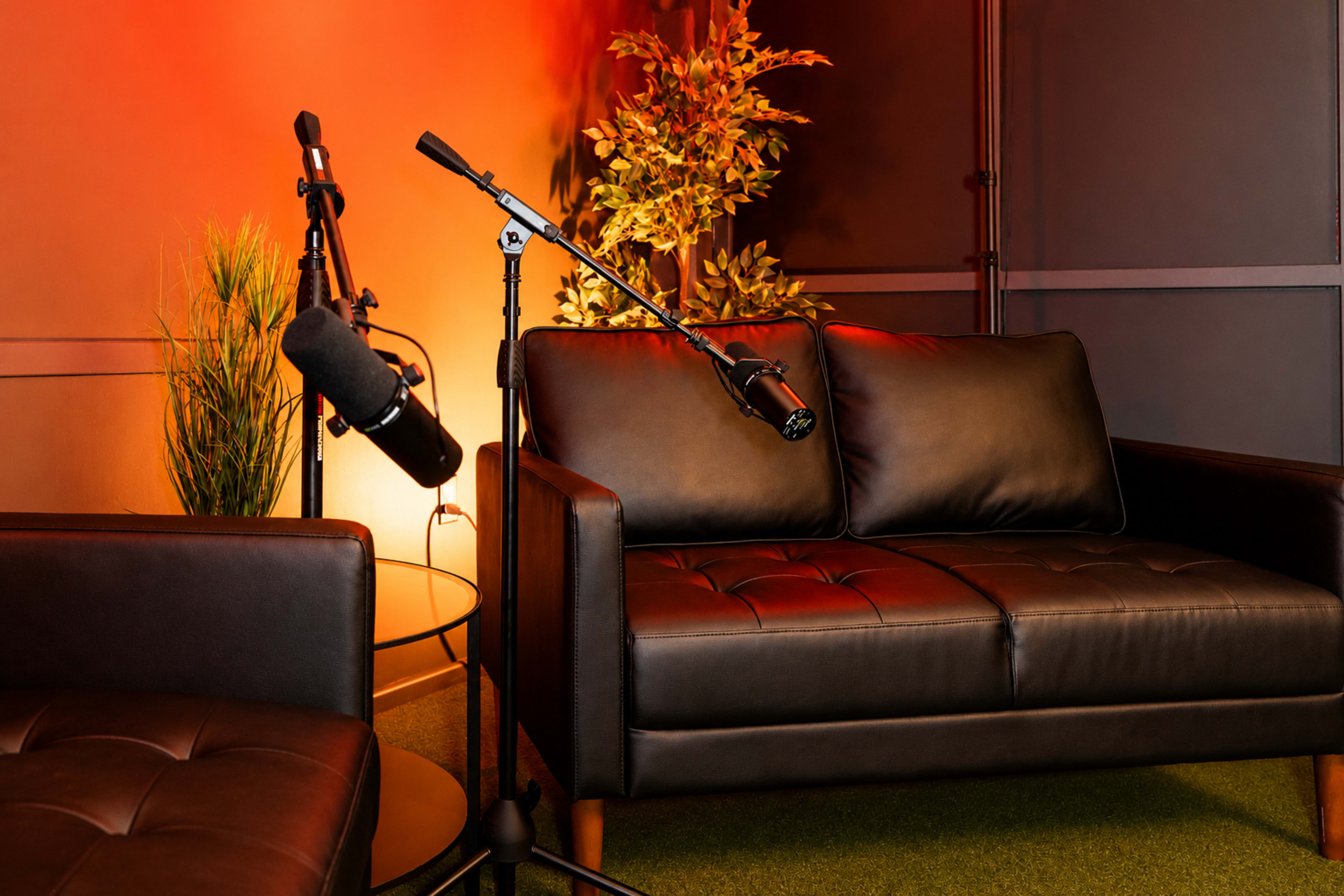The image shows a small recording studio setup with a black leather sofa, two microphones on stands, and artificial plants against a backdrop of warm orange and dark walls.