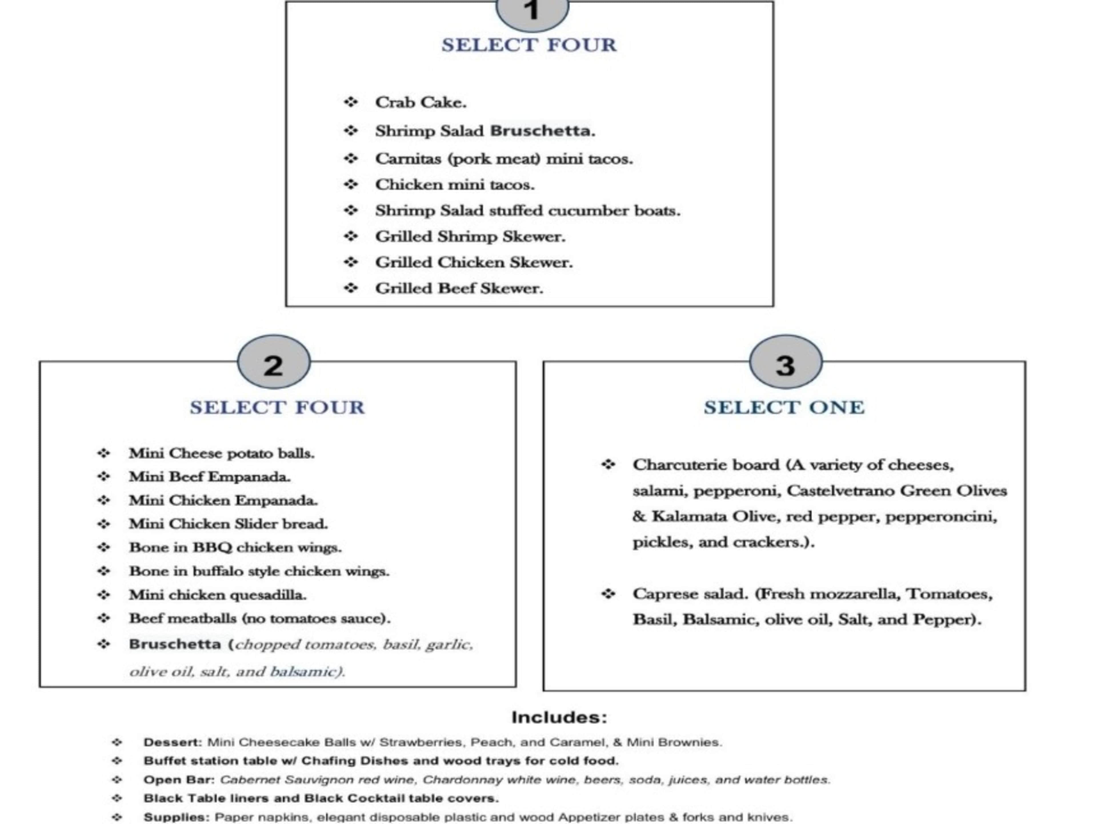 Cocktail Bites Buffet Menu & Wine, Beer Open Bar