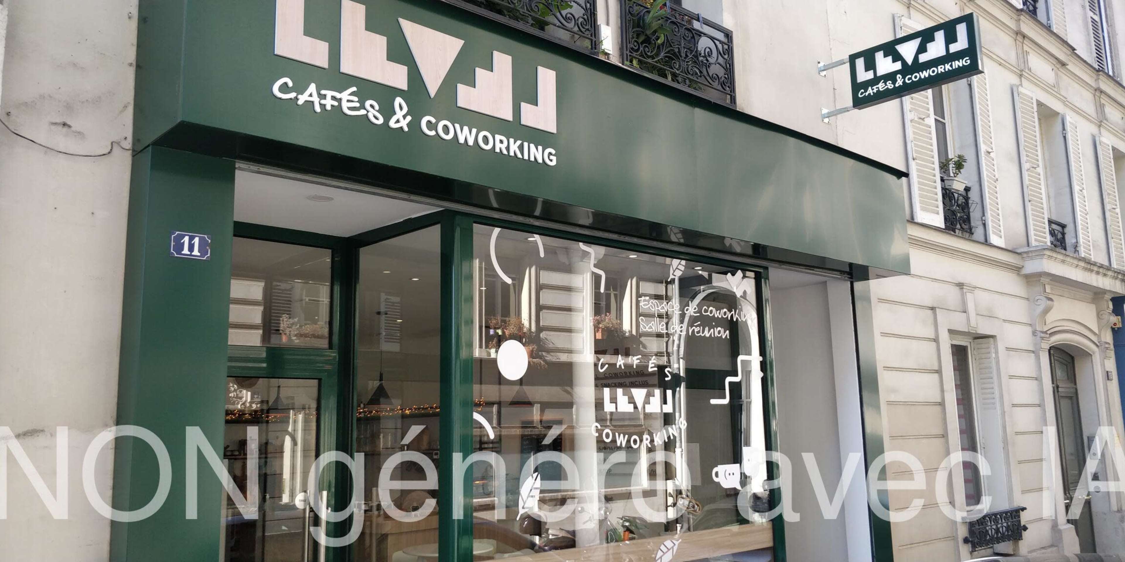 The image shows the exterior of a café and coworking space with large windows and a sign displaying the name "LYYJ CAFÉS & COWORKING."