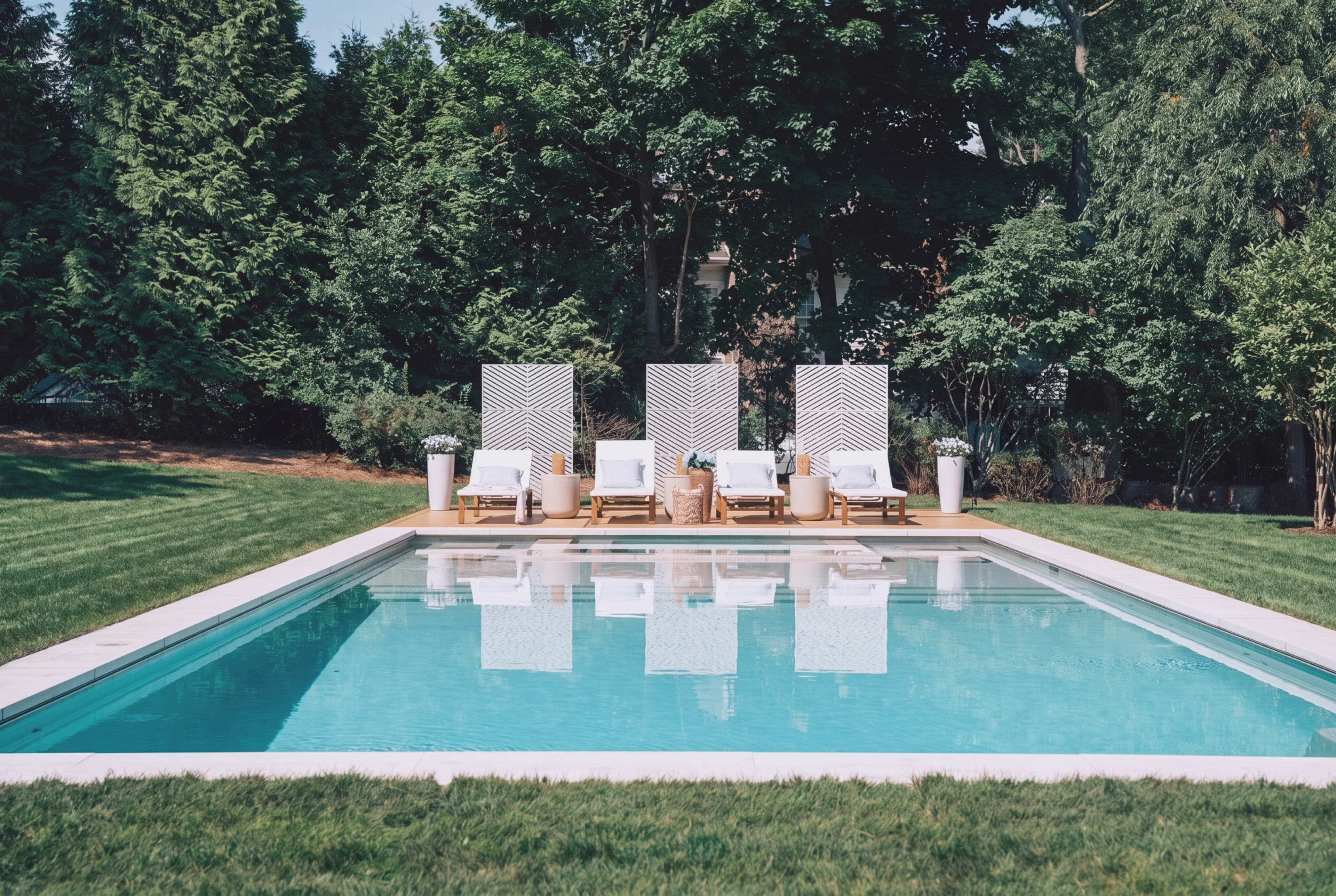 The image shows a backyard swimming pool surrounded by lounge chairs and decorative screens, set in a grassy area with trees in the background.