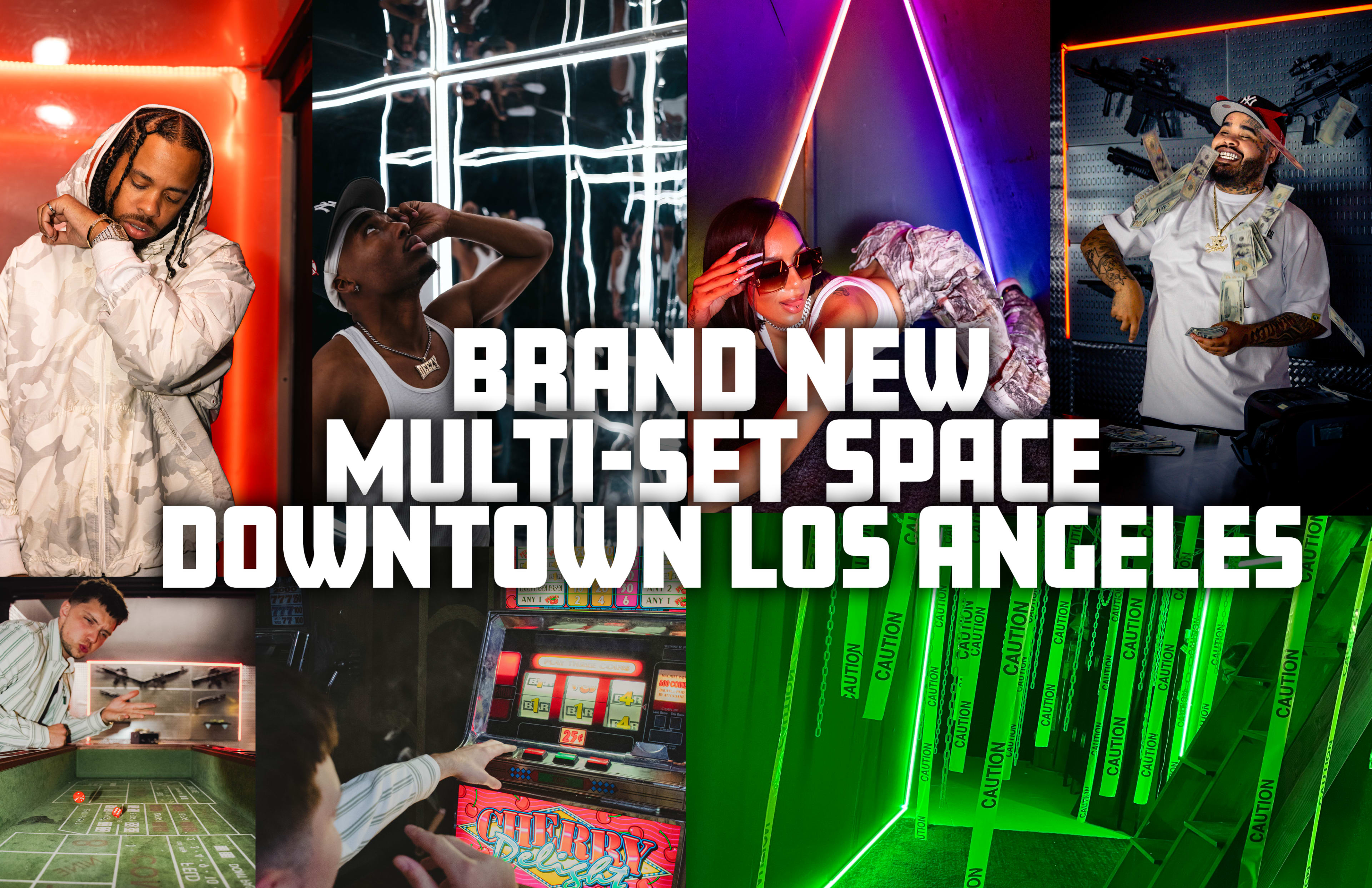 A promotional image showcases various individuals interacting with vibrant, multi-set environments in a newly opened space in downtown Los Angeles.