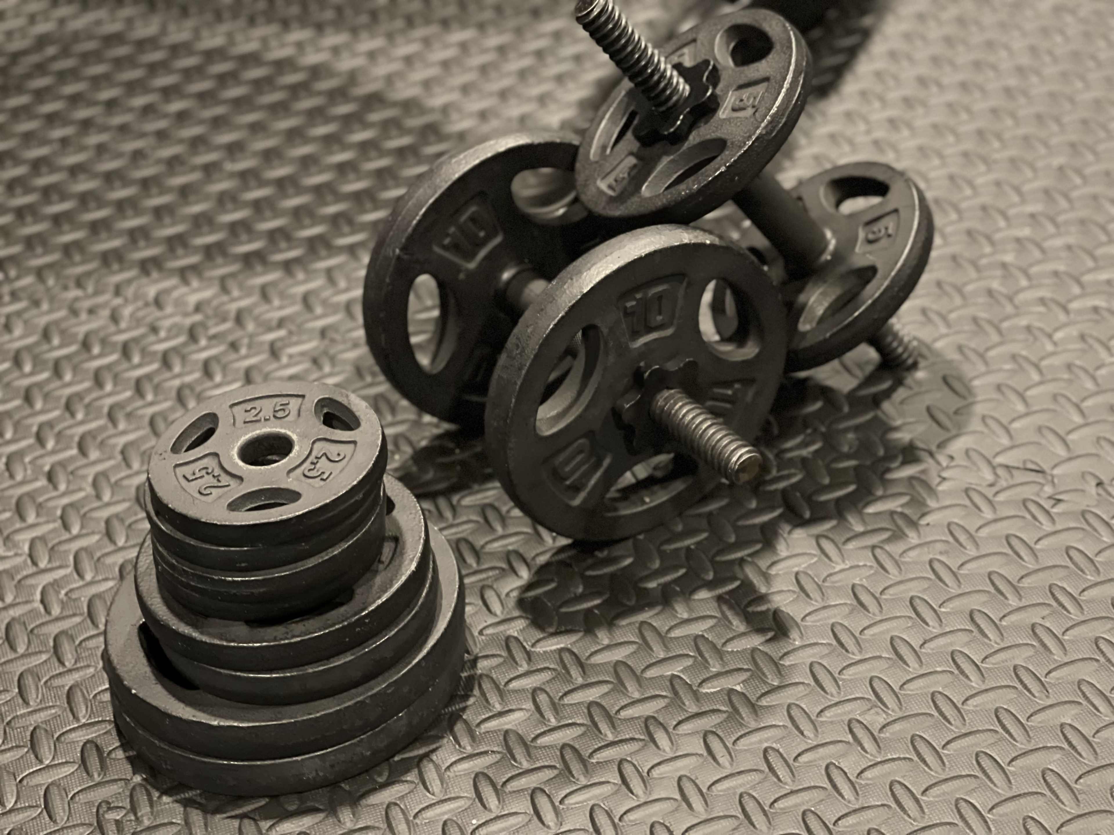 Several black weight plates and a set of dumbbells arranged on a textured rubber mat.