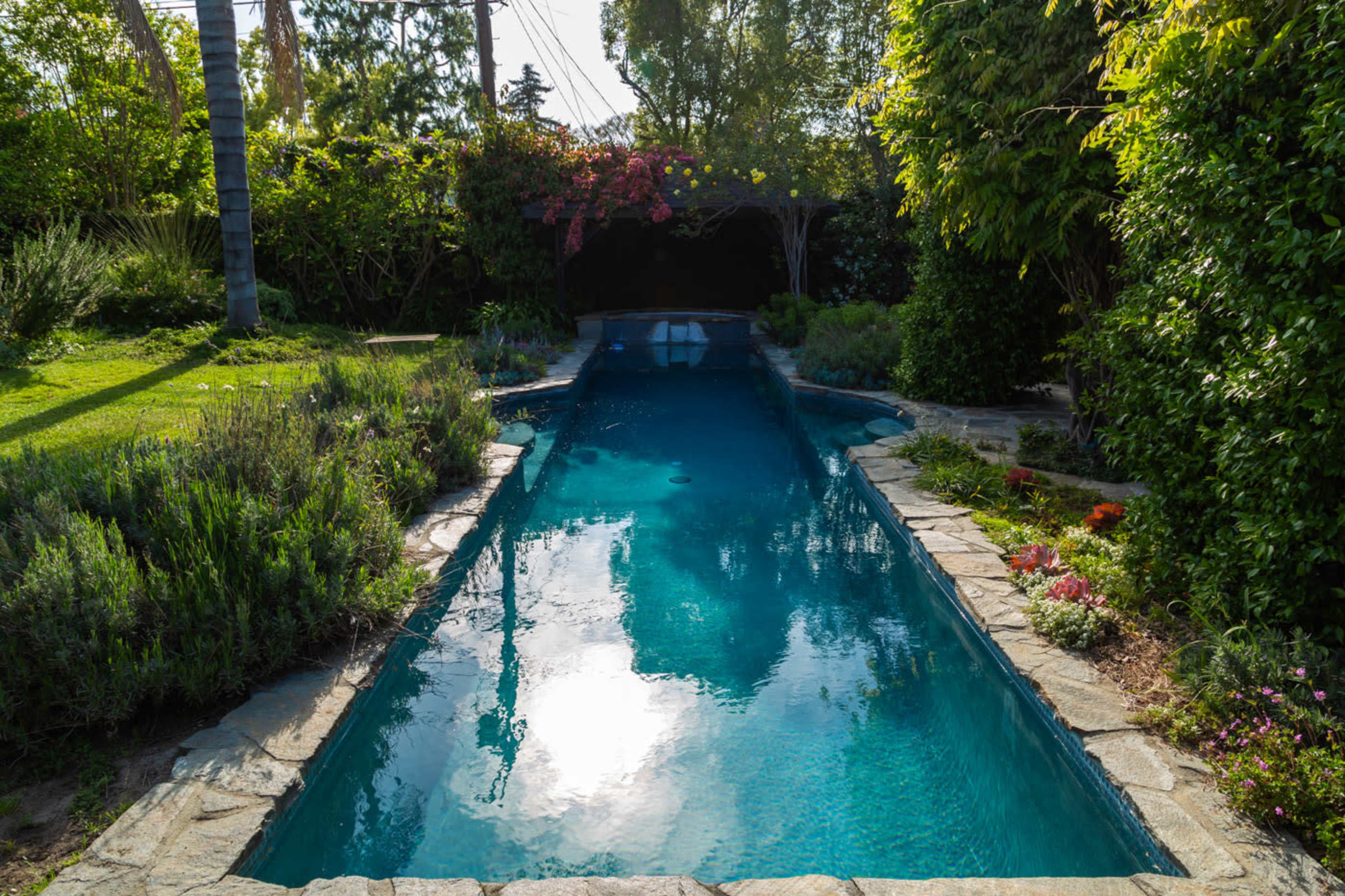 A rectangular swimming pool is surrounded by lush greenery and flowers in a landscaped backyard.