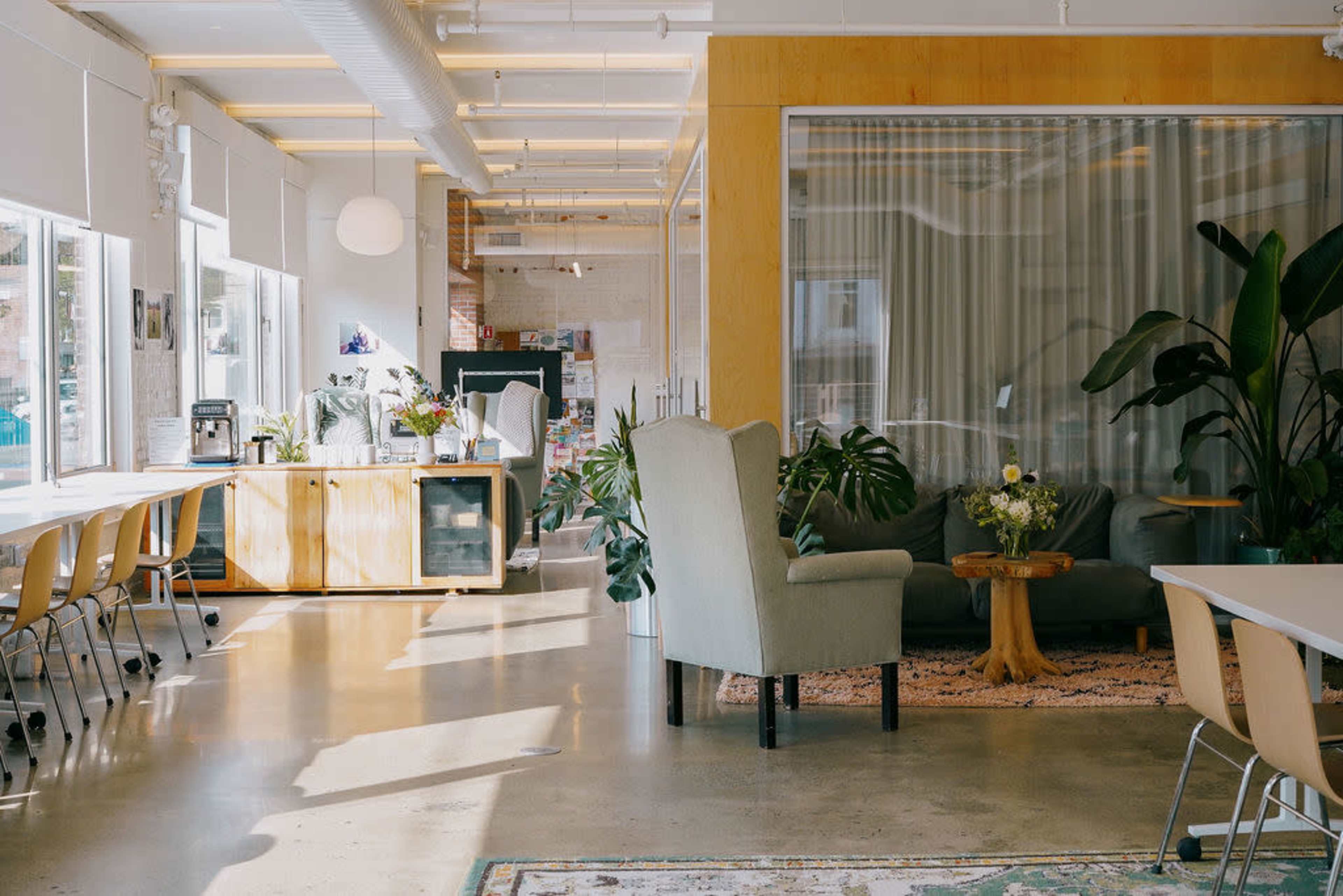 The image shows a bright, modern coworking space featuring a mix of seating, plants, and large windows allowing natural light to enter.