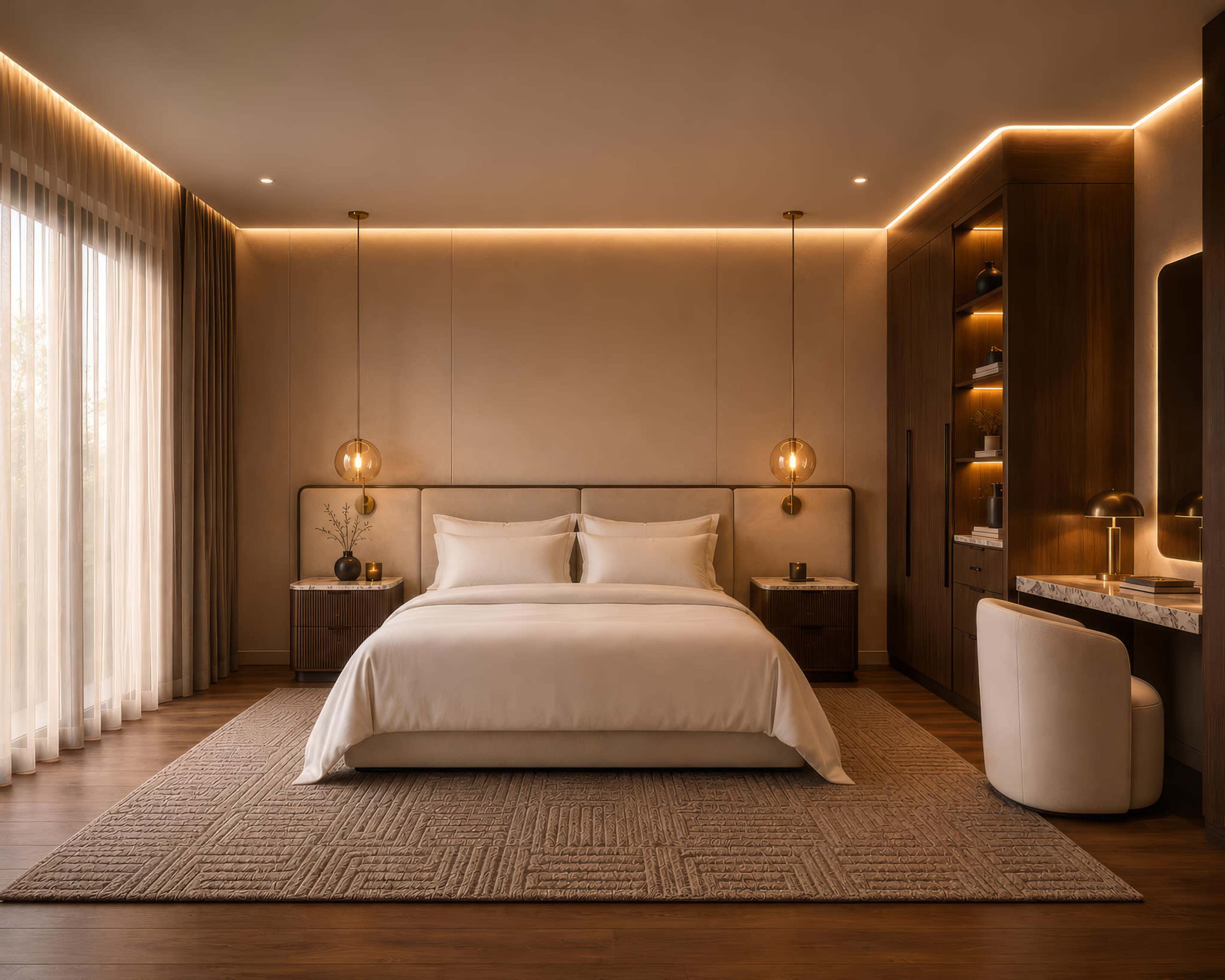 The image shows a modern bedroom featuring a large bed with white linens, two nightstands on either side, and a work desk with a chair, all illuminated by soft lighting.
