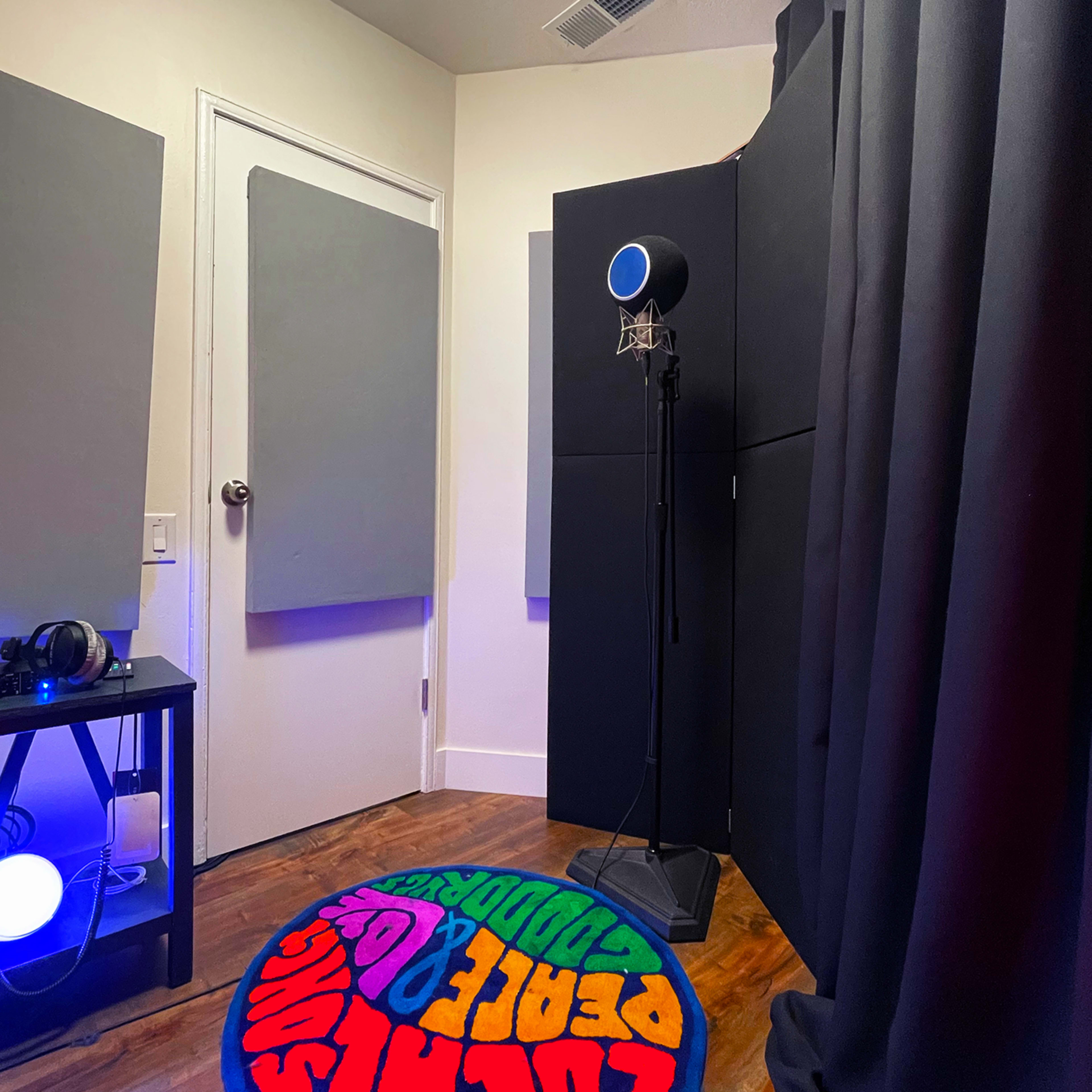 The image shows a small recording studio featuring a microphone on a stand, acoustic panels on the walls, a door, and a colorful rug on the wooden floor.