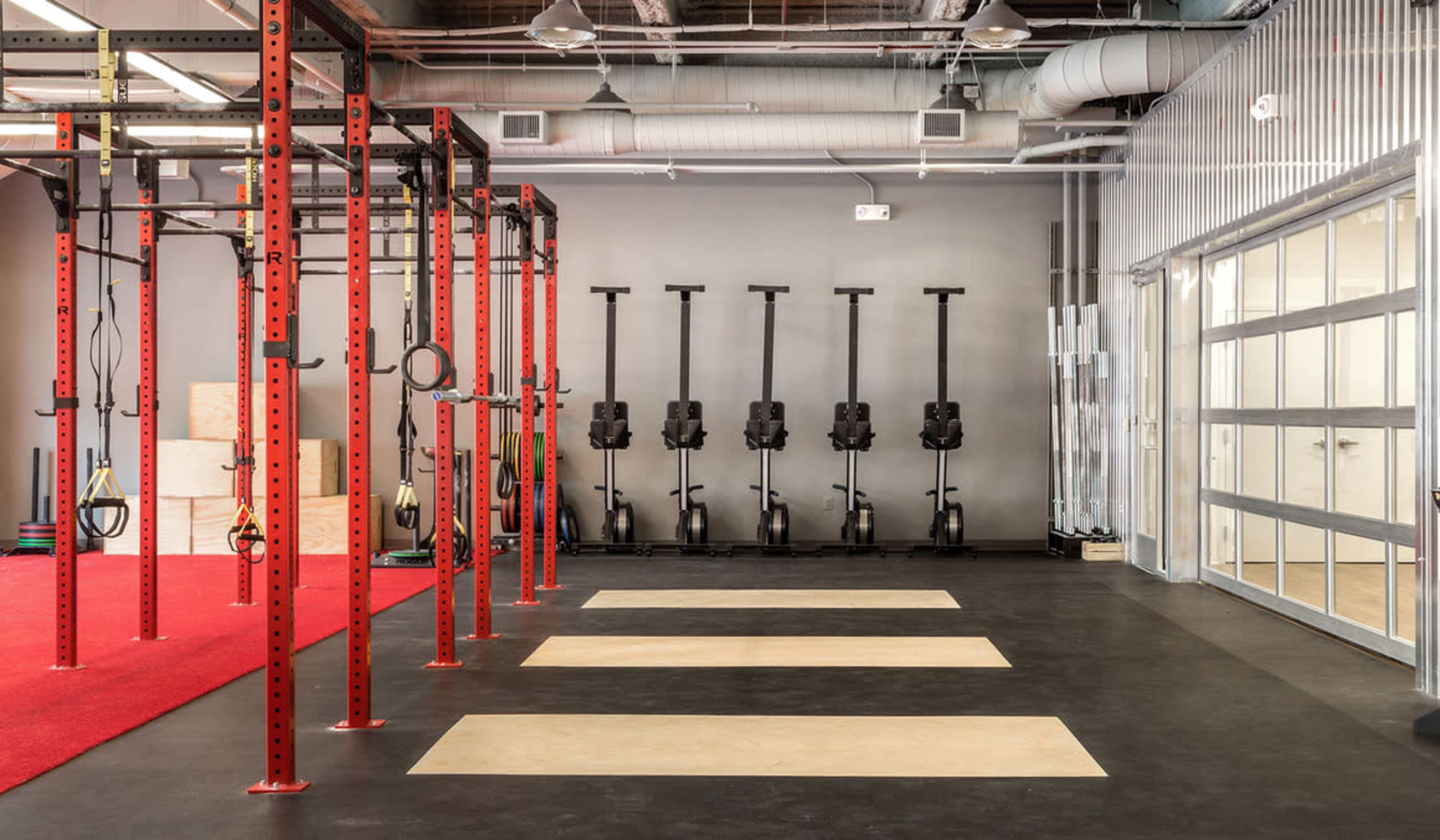 The image shows a modern gym interior featuring red exercise racks, wooden platforms, and several rowing machines against a gray wall.