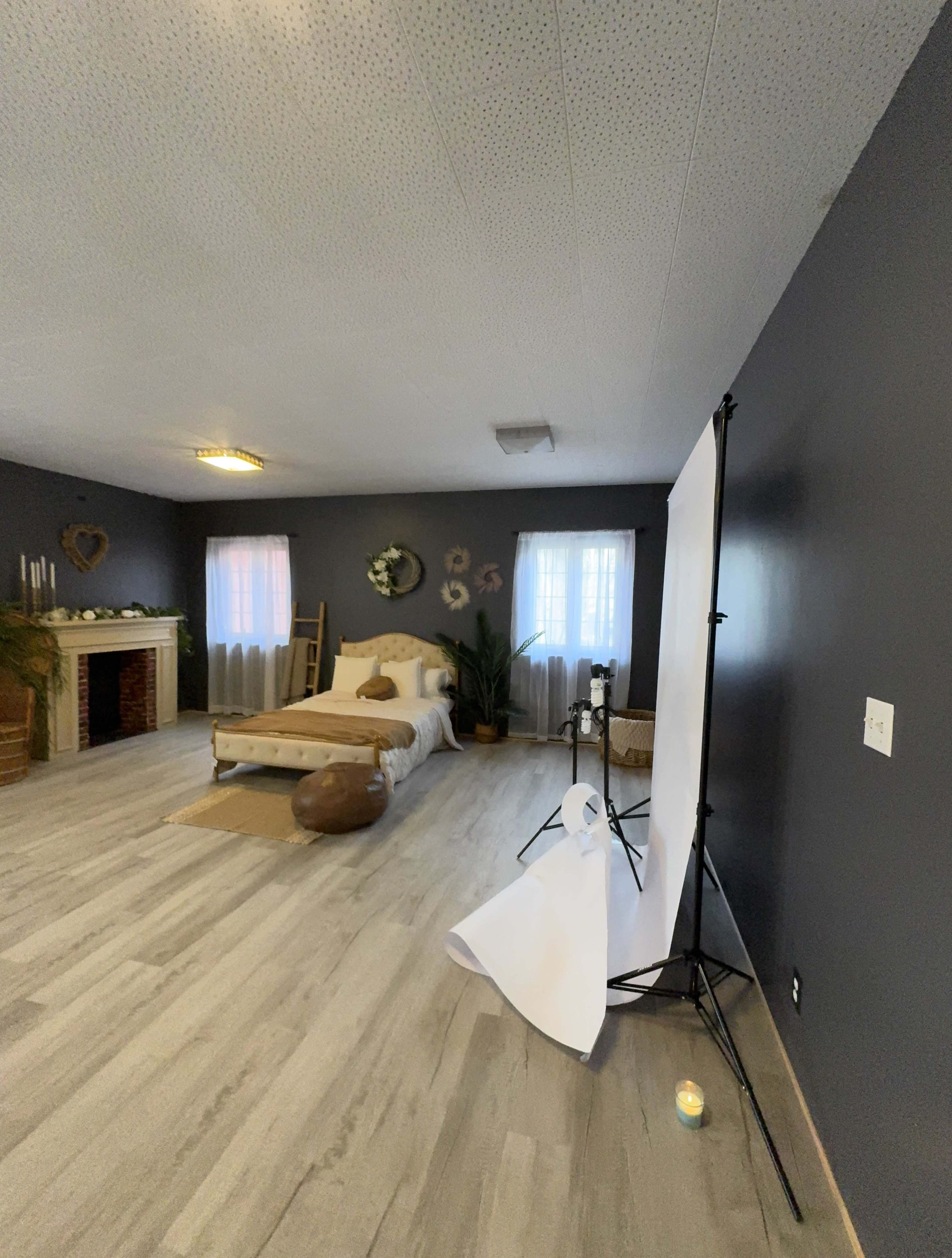 The image shows a spacious room with dark gray walls, featuring a bed, a fireplace, a photography backdrop, and various decorative elements.