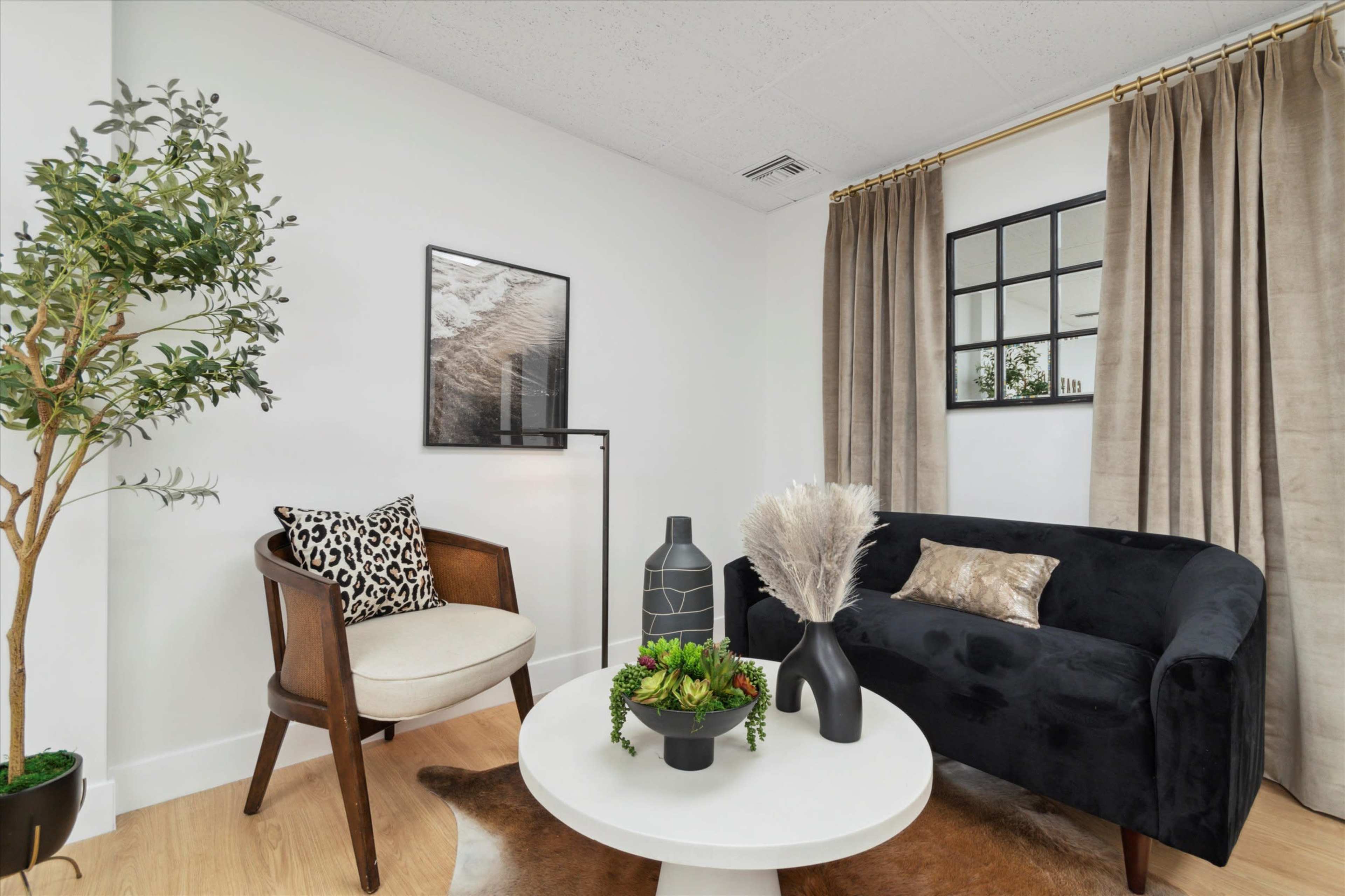 A modern living room features a black sofa, a round white coffee table, a plant, and a framed picture on the wall, with natural light filtering through sheer curtains.