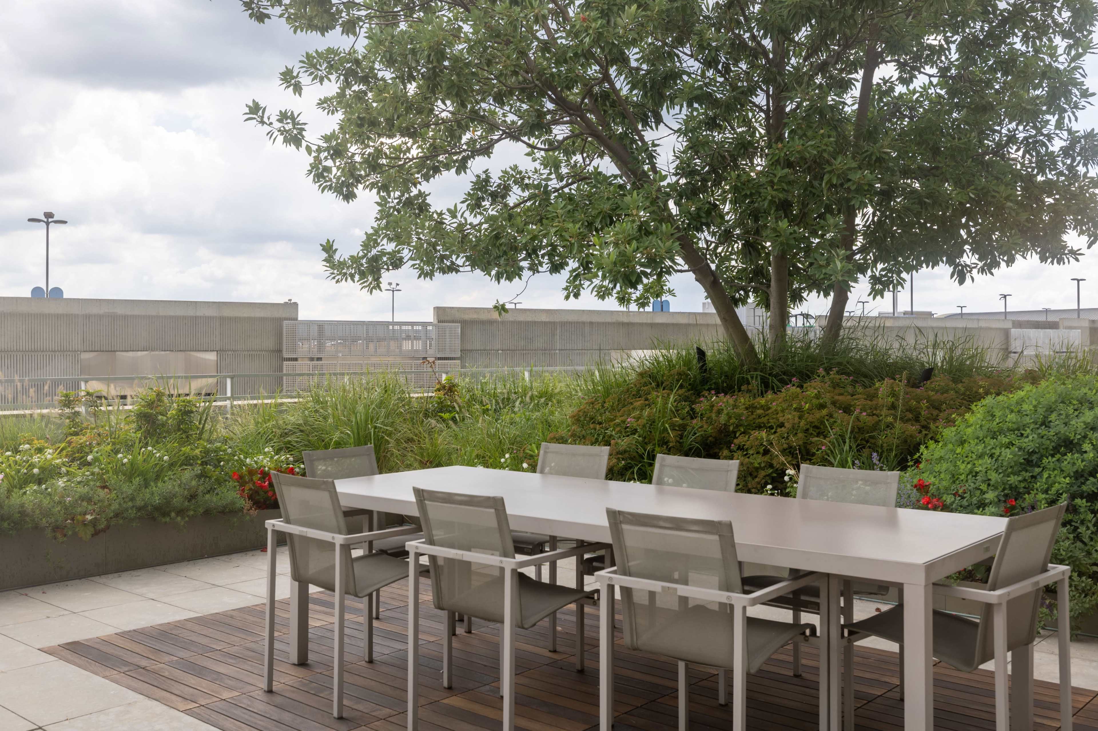 A modern outdoor dining area is set with a long table and chairs surrounded by lush greenery and a tree under a cloudy sky.