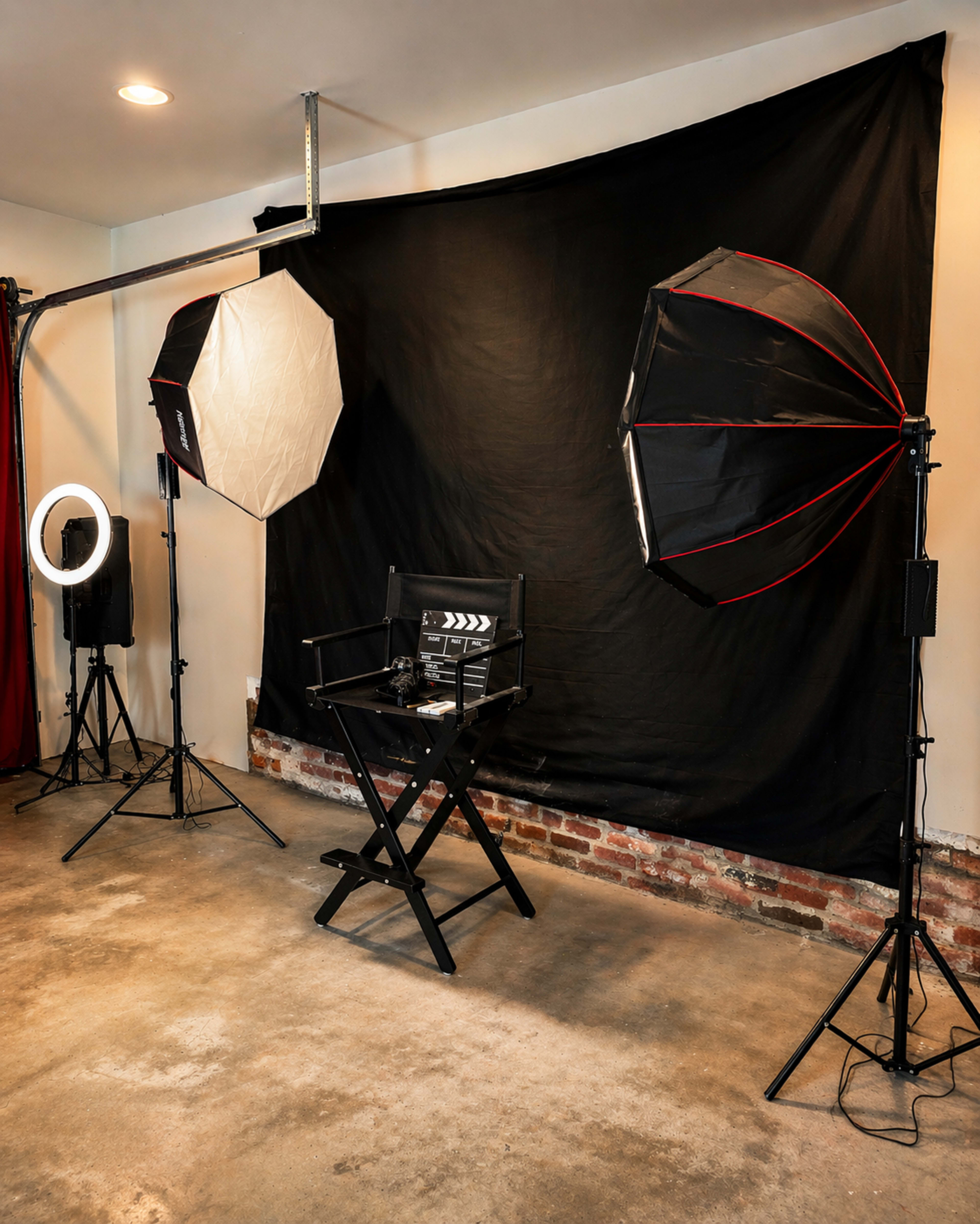 A photography studio is set up with two softbox lights, a ring light, a director's chair, and a black backdrop.