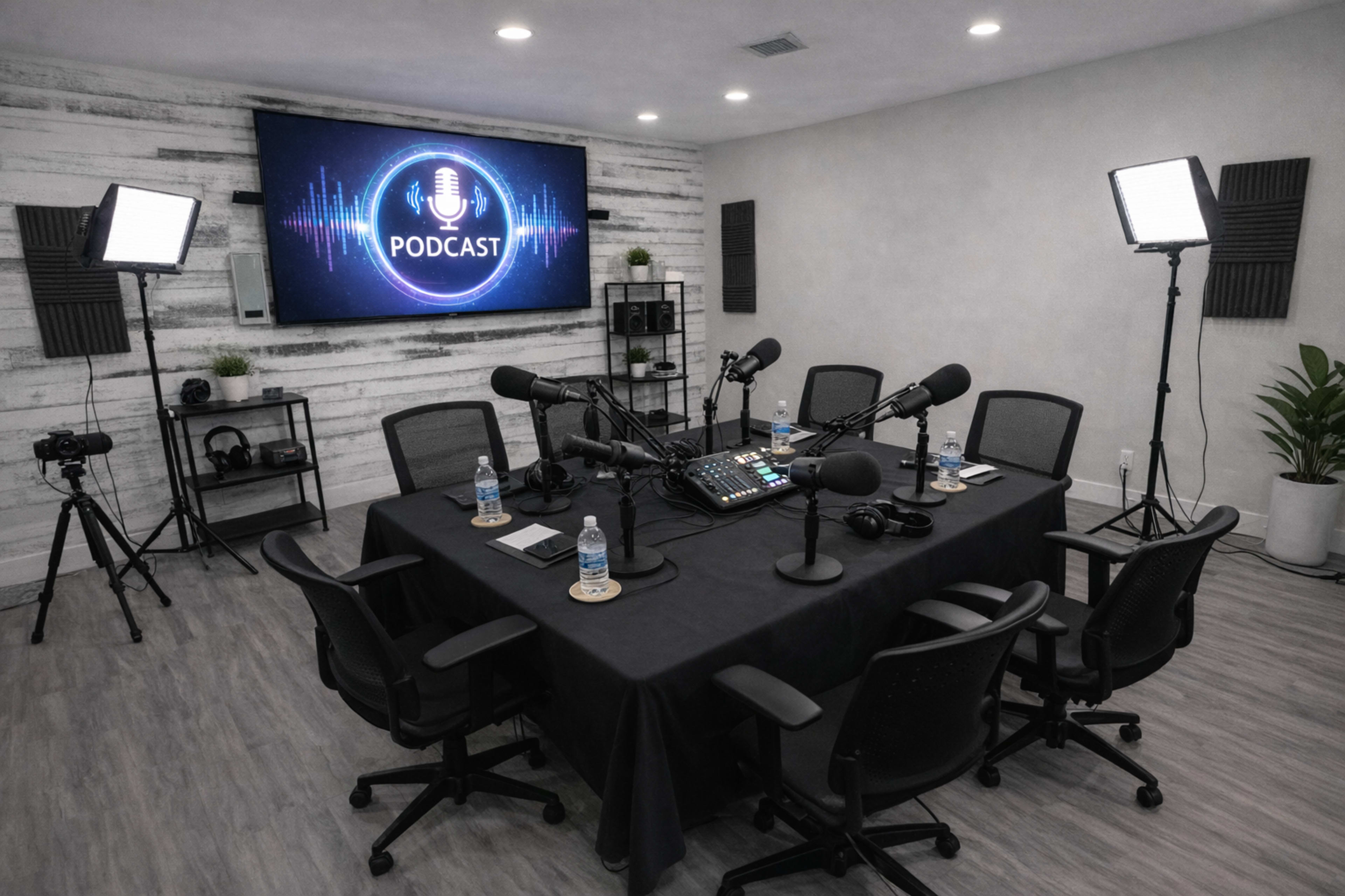 The image shows a podcast recording studio featuring a round table with multiple microphones and headphones, illuminated by bright lights, and a large screen displaying the word "PODCAST."