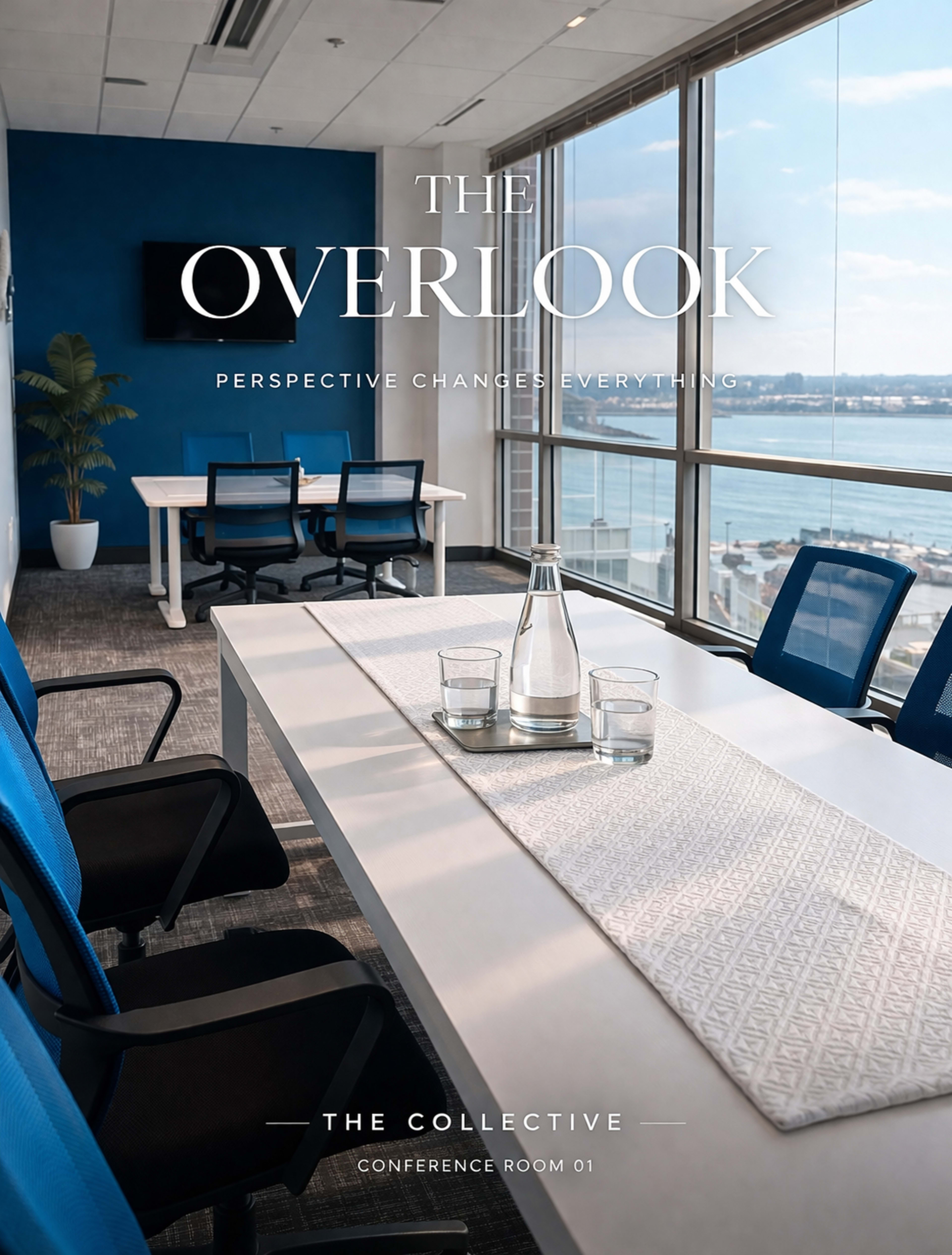 A conference room features a long white table with glass water bottles and clear glasses, positioned near large windows that showcase a view of the water and cityscape beyond.