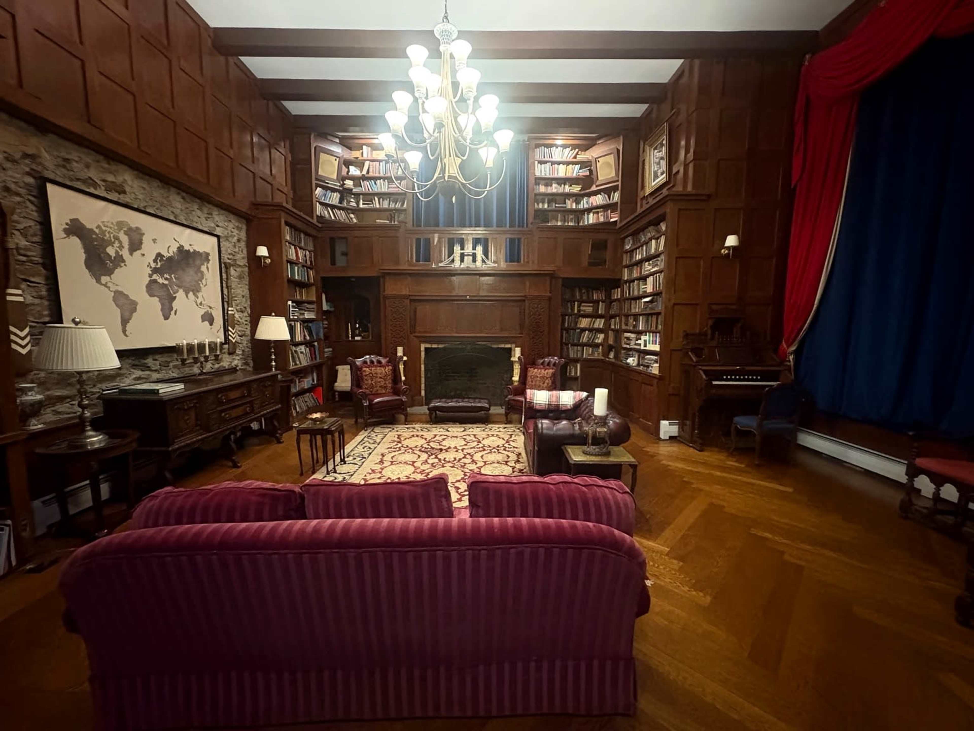 150-Year-Old Private Library & Study Hall — Tudor Woodwork, Stone Walls, Velvet Stage Curtains, 20-ft vaulted Ceilings Image in Mount Pleasant, Chappaqua, NY
