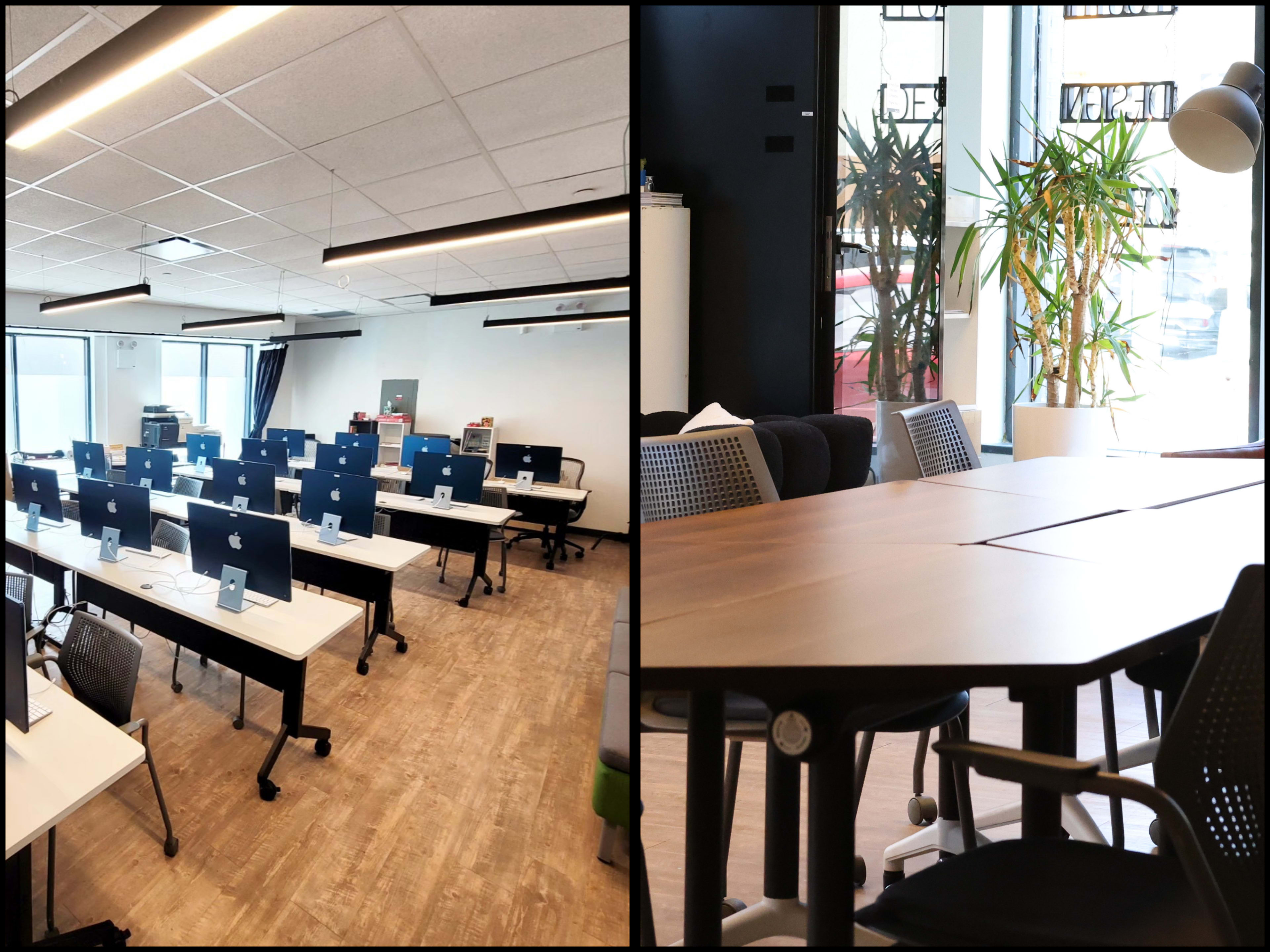 The left side of the image shows a classroom with rows of desks and computers, while the right side features a modern office space with a large table and potted plants visible through a window.