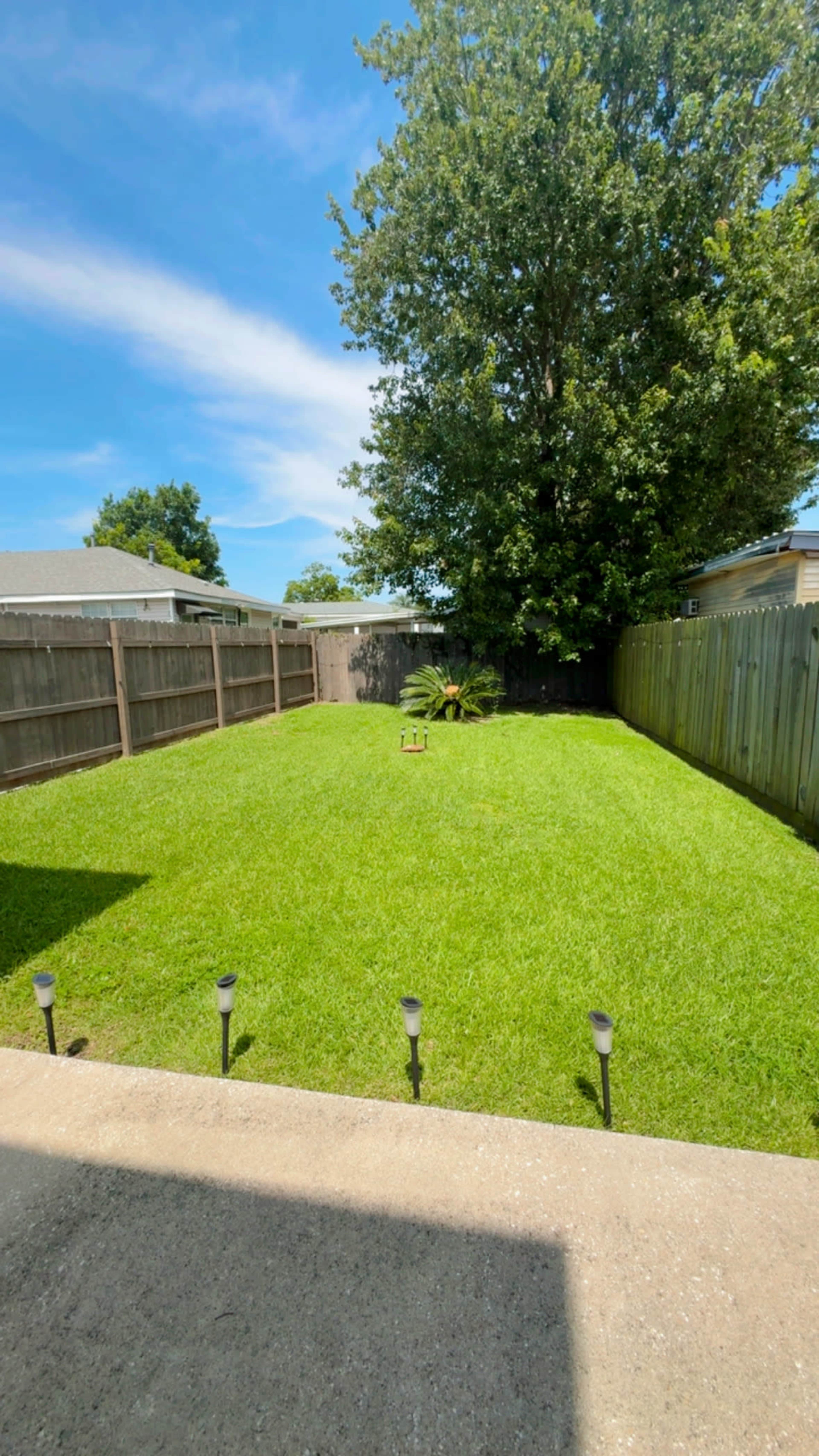 The image shows a neatly manicured backyard with a green lawn, bordered by a wooden fence and a tree in the background.