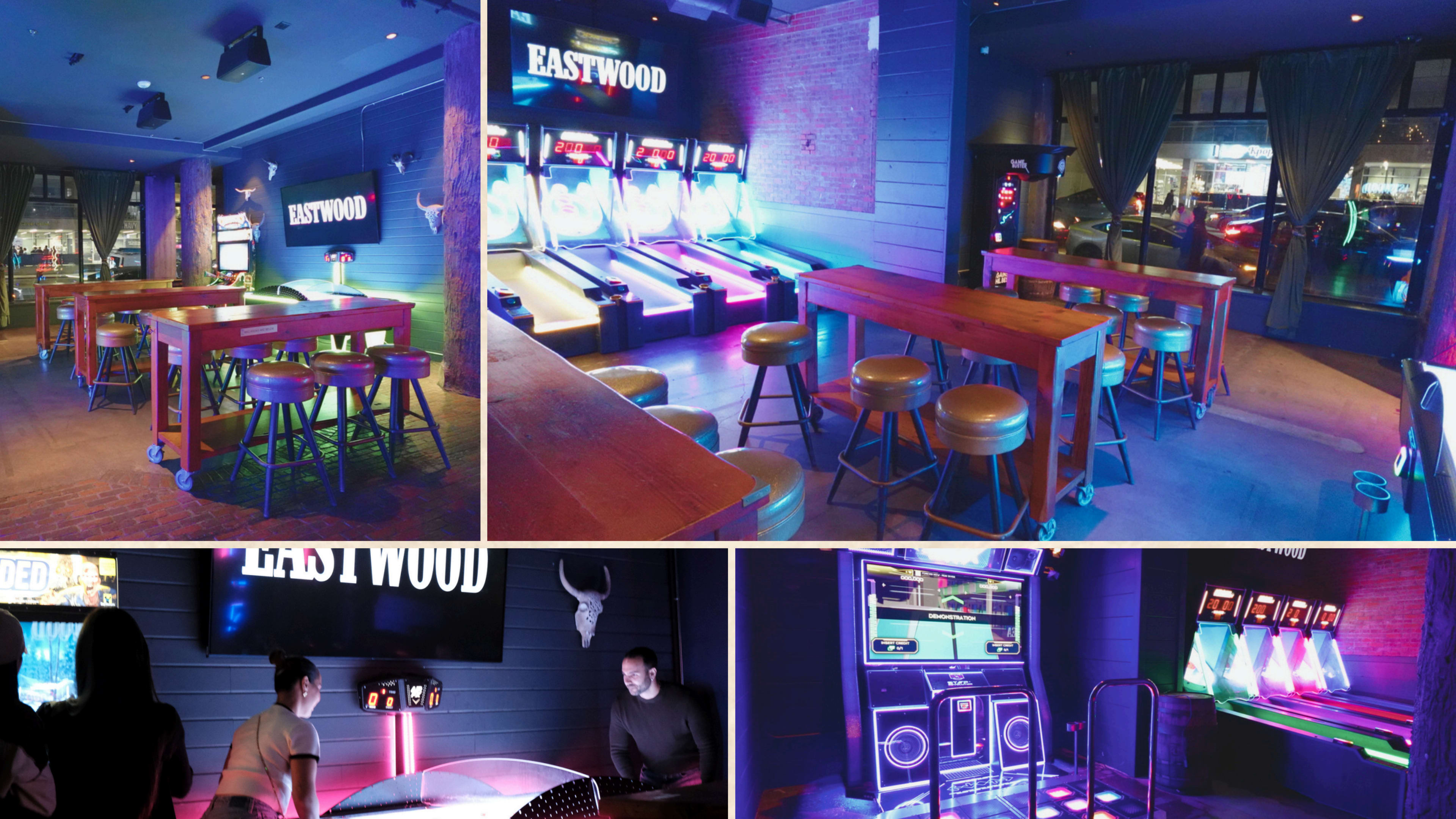 The image depicts a modern entertainment venue featuring colorful lighting, game machines like skeeball and air hockey, and a bar area with wooden tables and stools.
