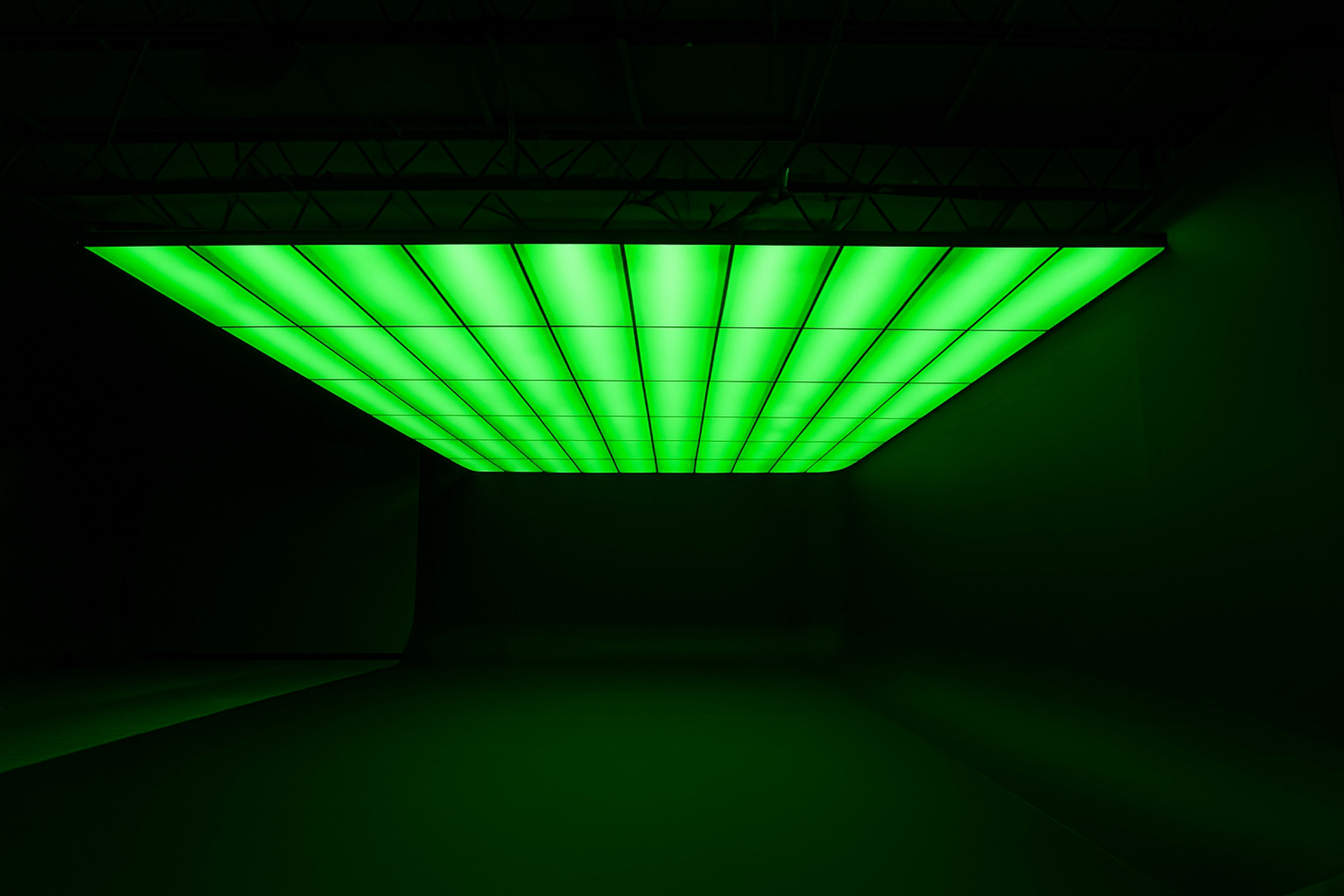 A grid of green fluorescent lights is mounted on the ceiling of a dark room.