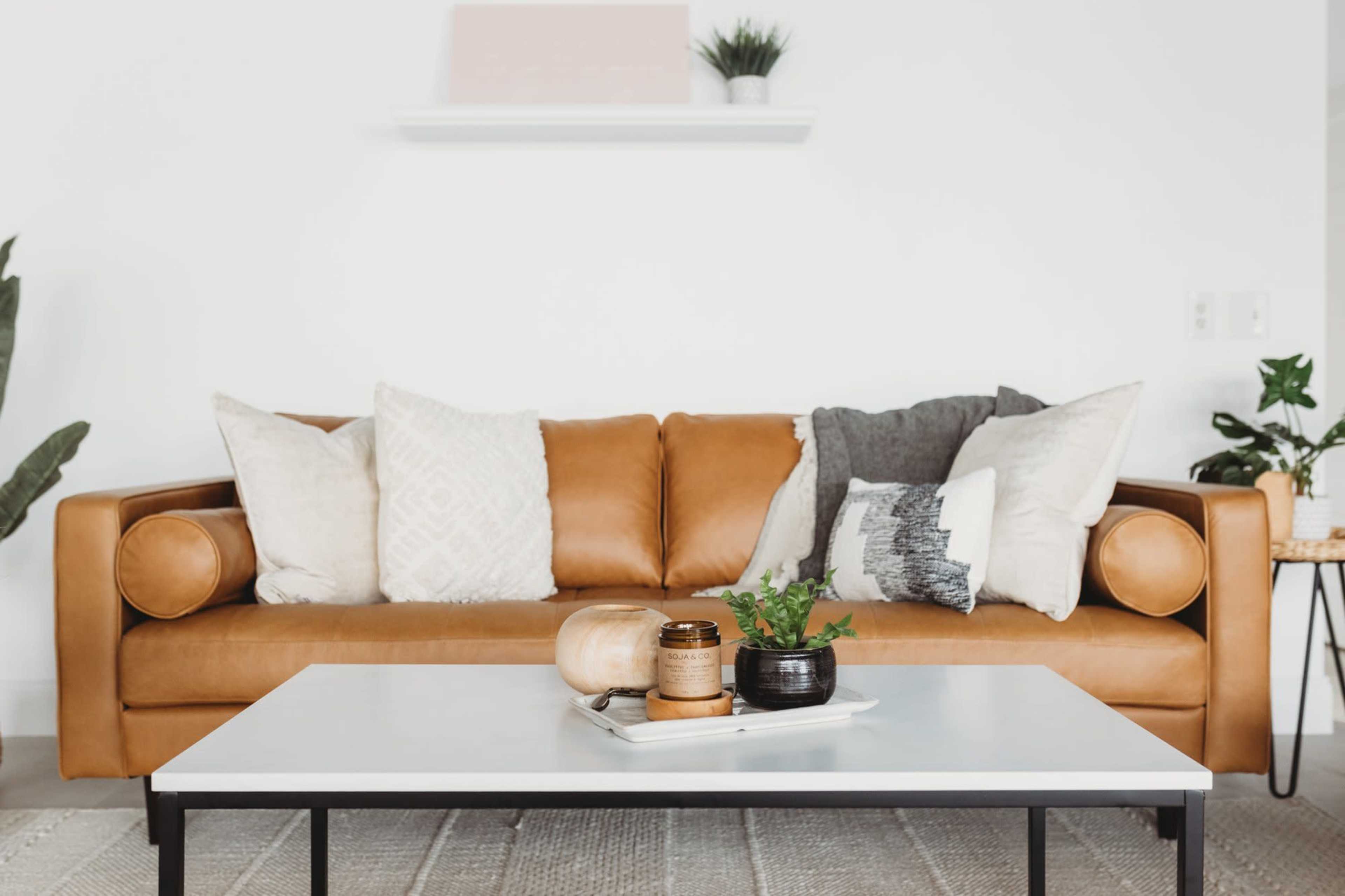 A brown leather sofa is positioned in front of a white coffee table, adorned with decorative items, and surrounded by indoor plants.