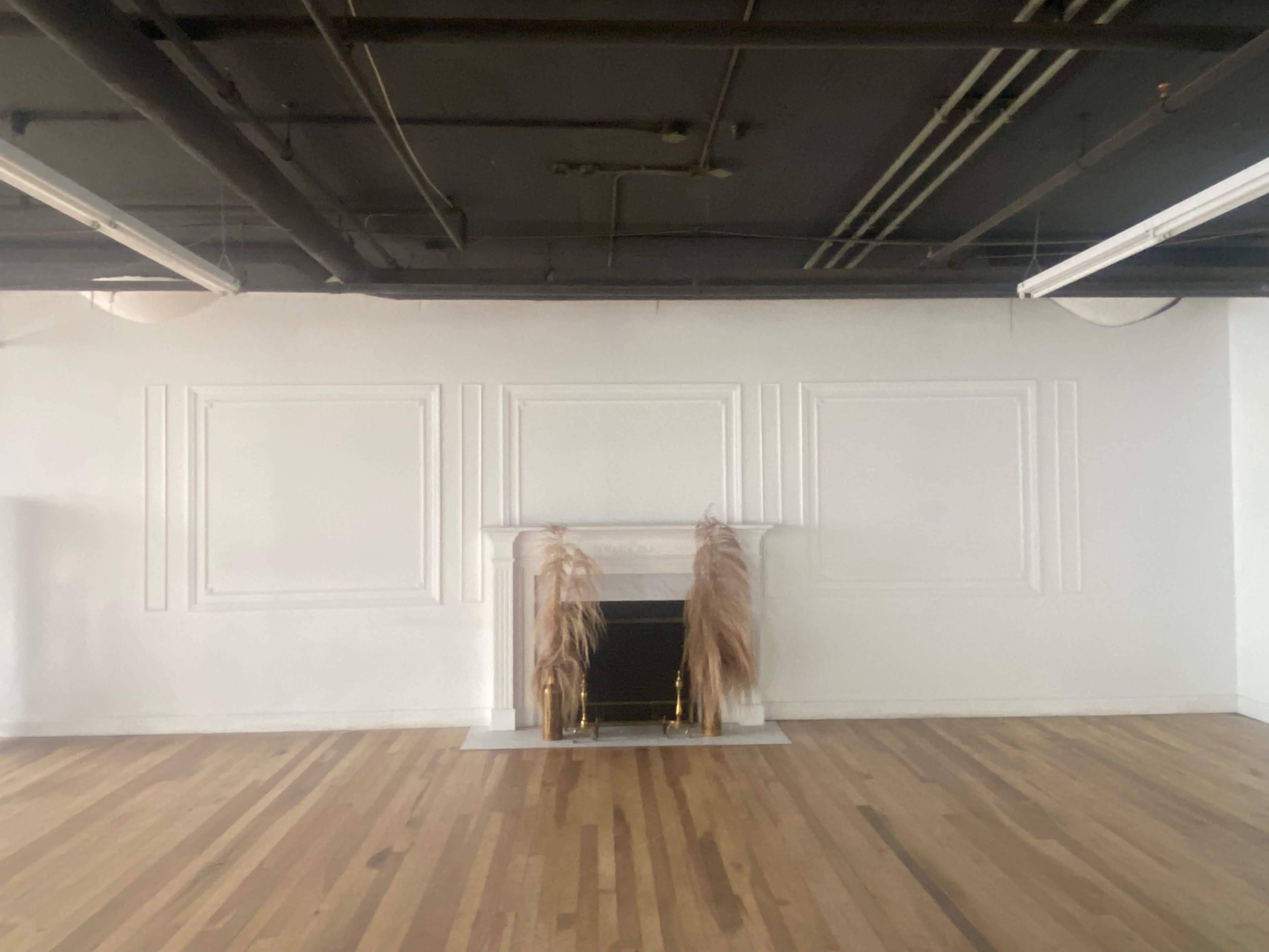 A minimalist interior space with a fireplace adorned by pampas grass, set against white walls and wooden flooring.